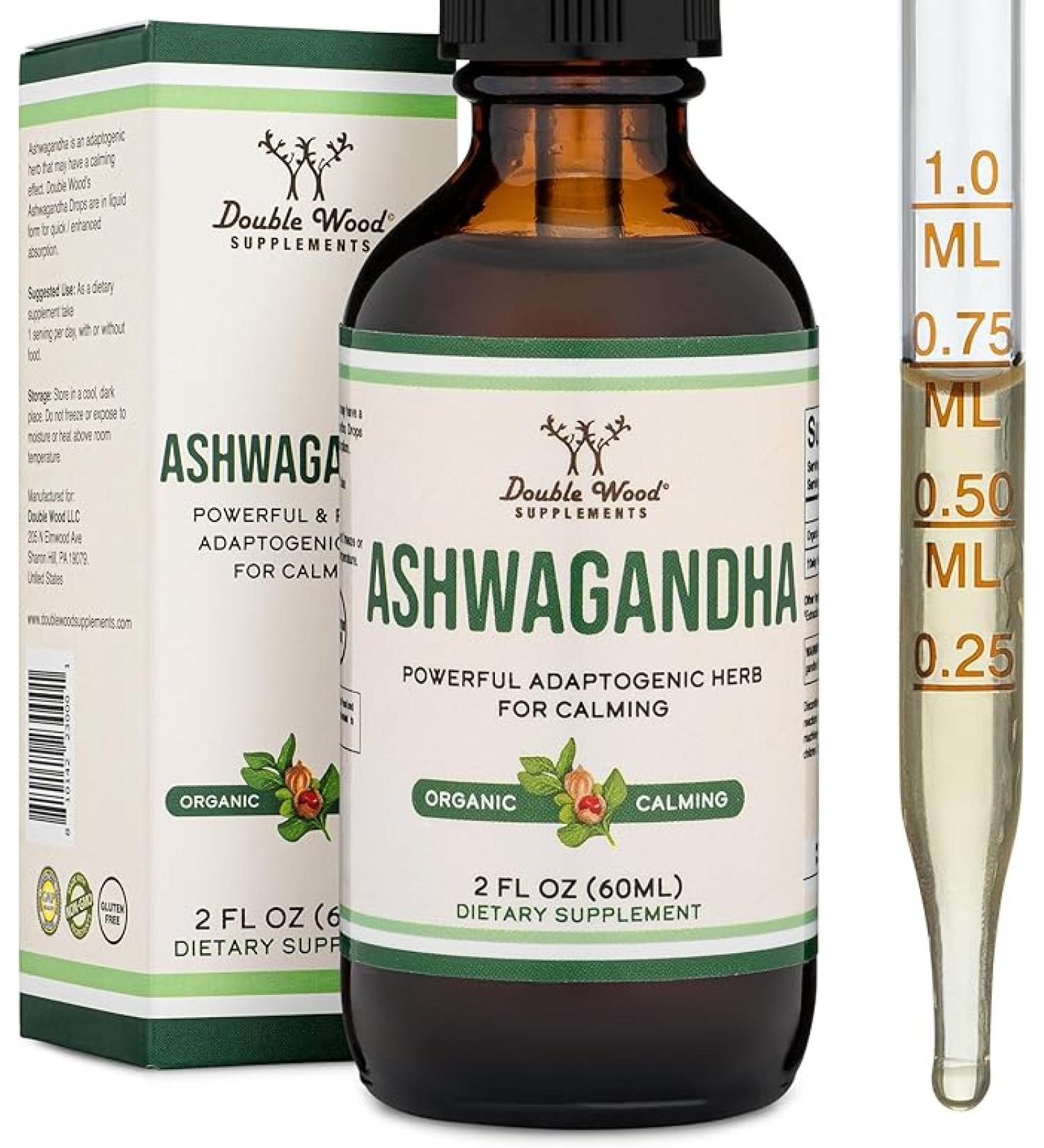 Ashwagandha Organic Drops for Stress Relief (1,200mg, 60 Servings) Ashwagandha Tincture for Adrenal Support and Cortisol Manager (Vegan Safe, Gluten Free, Non-GMO) by Double Wood - Buy Online on GoSupps.com