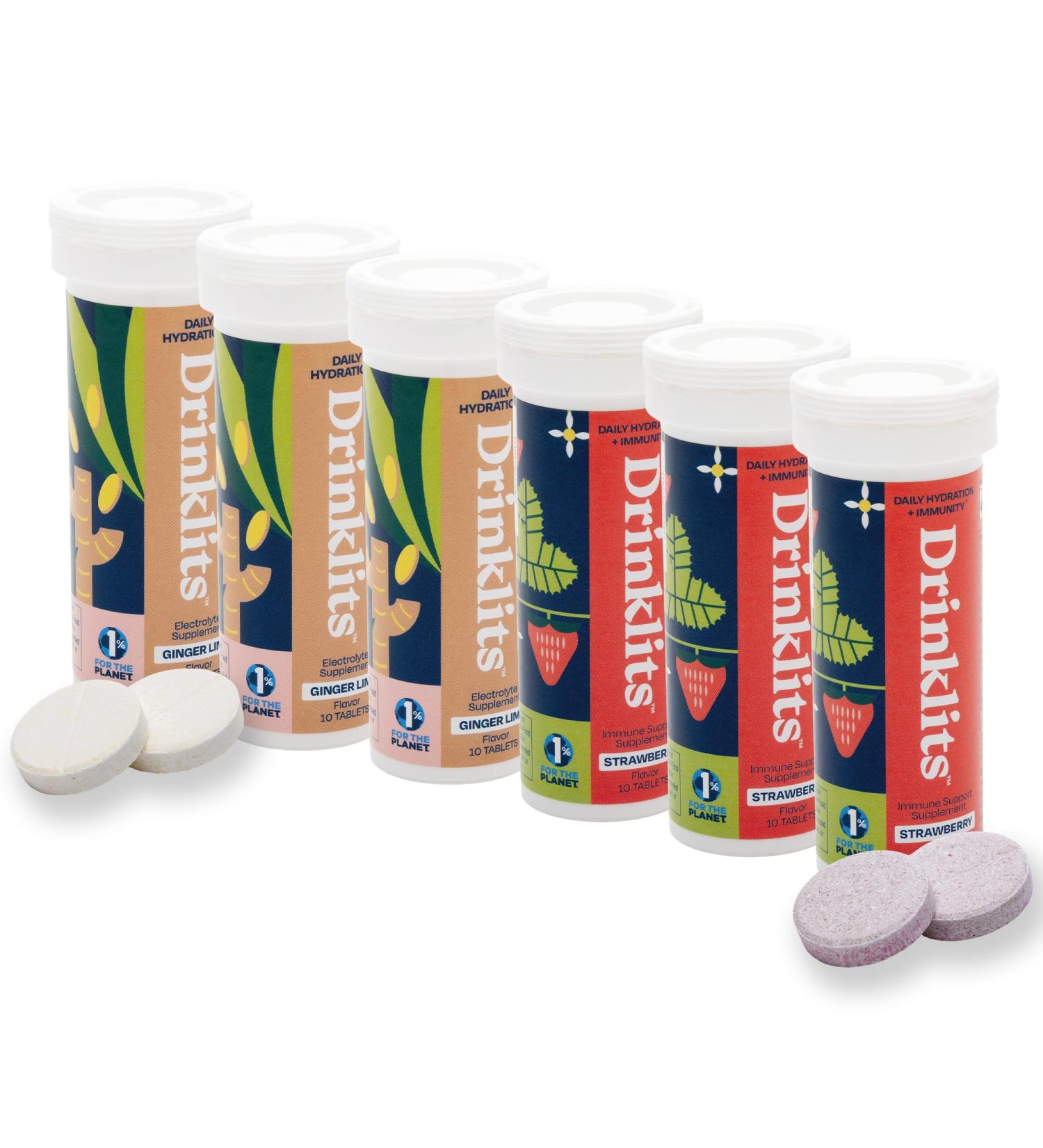 Drinklits Ginger-Lime & Strawberry Daily Support - 6 Tube Combo Pack | Gluten Free Hydration & Immune Boost | 60 Servings Travel Essential - Buy Online on GoSupps.com