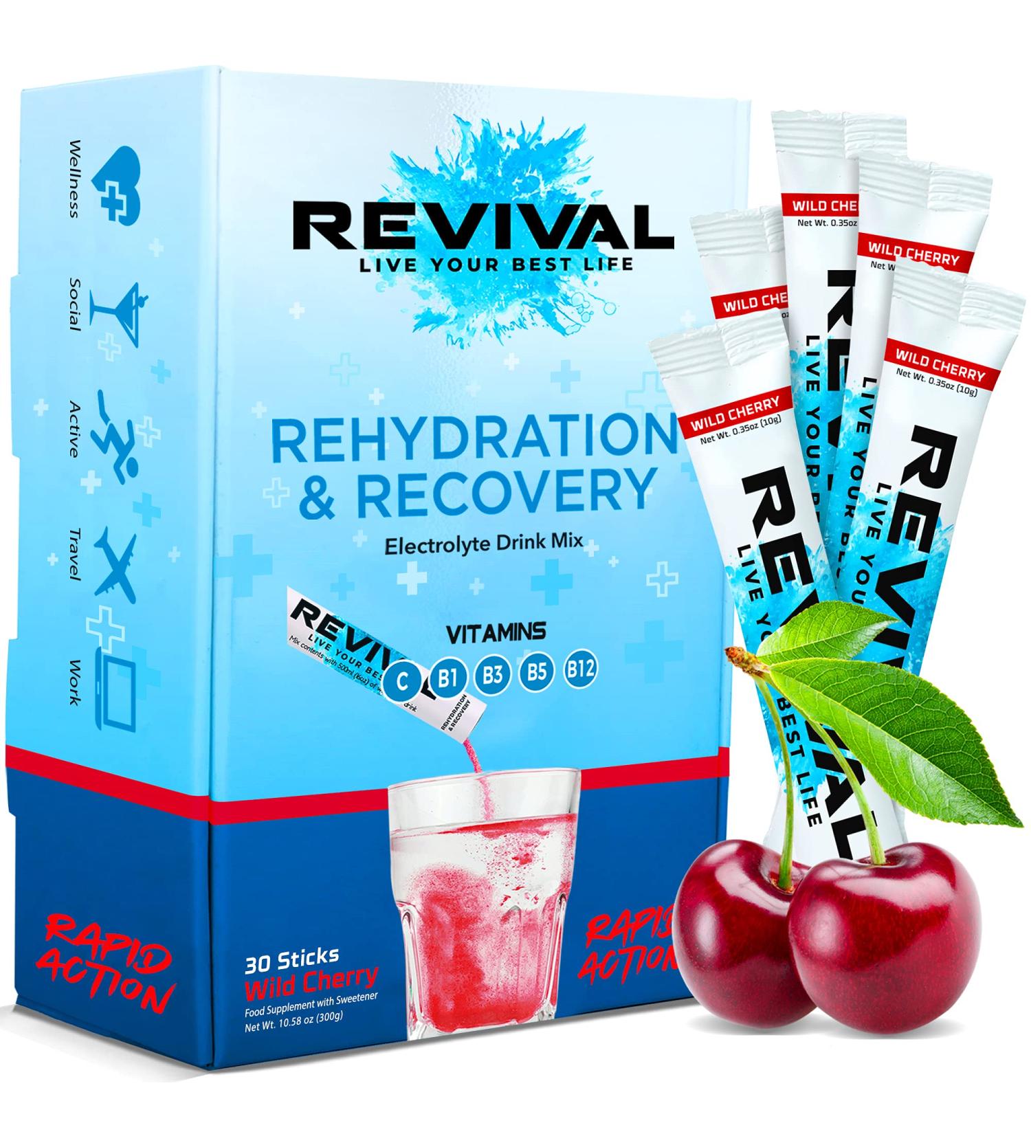 Revival Isotonic Beverage Powder - Electrolyte Hydration Drink Cherry Flavor (30 Sticks) - Perfect Sports Drink for Optimal Hydration - Buy Online on GoSupps.com