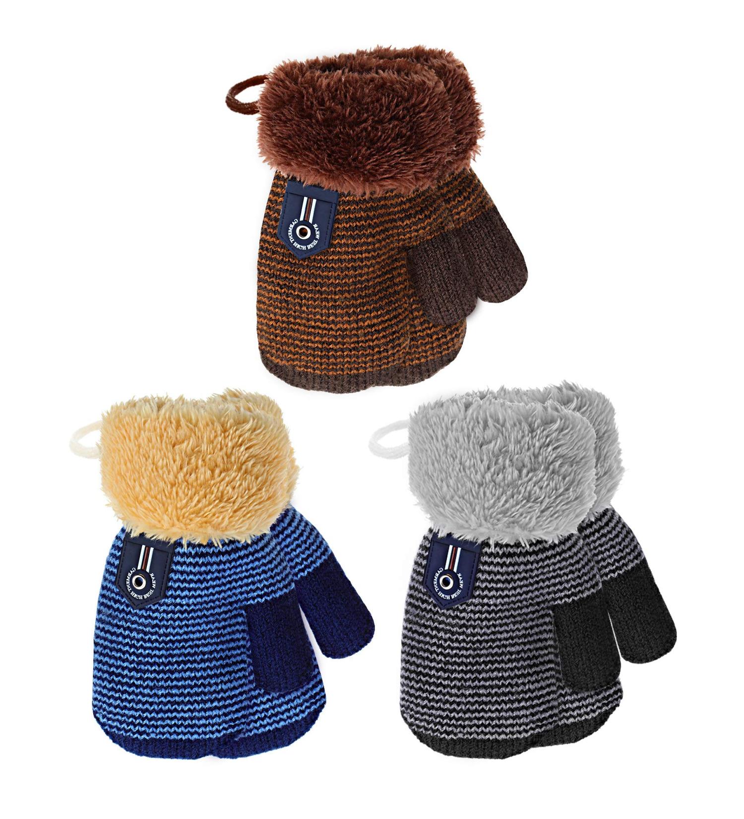ZHANMAI Toddler Winter Mittens Gloves - 3 Pairs for Boys and Girls | Warm Infant Knit Mittens in Black, Royal Blue, Brown - Buy Online on GoSupps.com