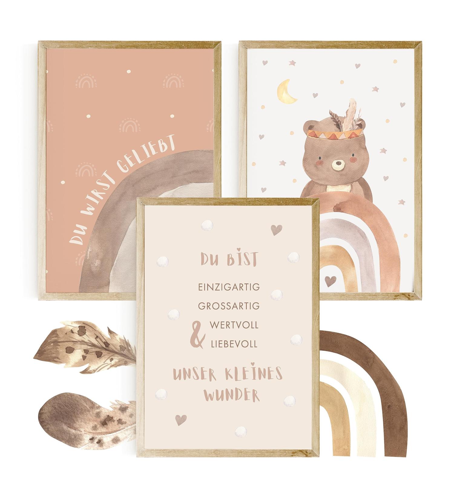 Eulentaler Boho-Style Children's Room Posters | Creative & Loving Designs | Bear Rainbow & Saying | A4 Wall Art Set for Girls & Boys (3 Pack) - Buy Online on GoSupps.com