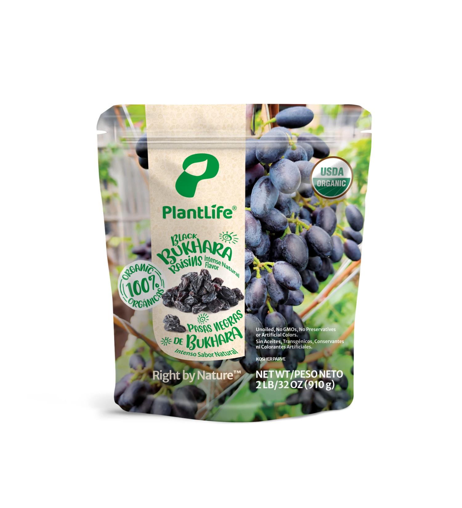PlantLife Organic Black Bukhara Raisins 2lbs - Shade-Dried, Raw, Non-GMO, USDA Certified Organic, Unsulfured & Vegan - Buy Online on GoSupps.com