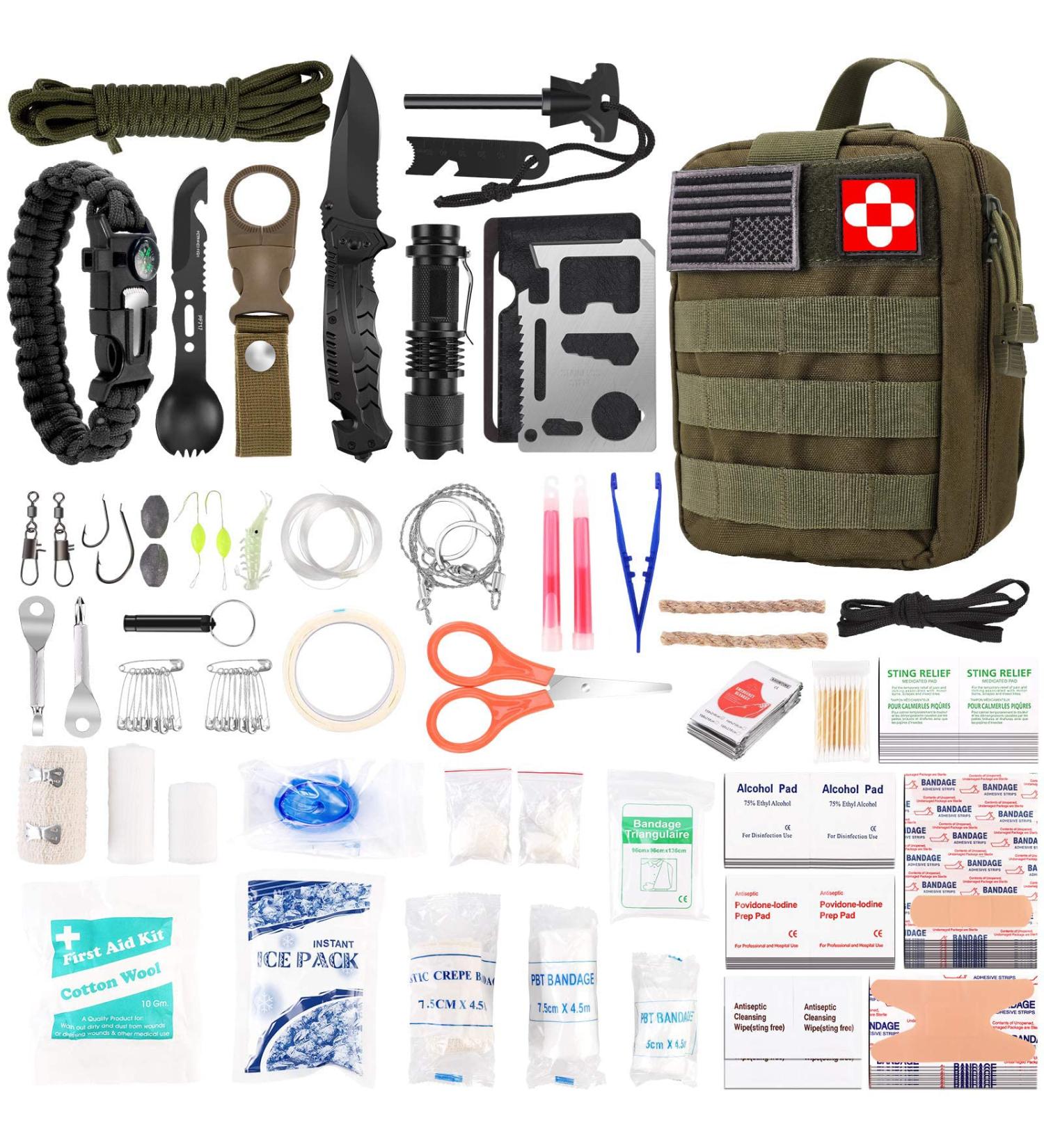 216 Pcs Survival First Aid Kit - Professional Gear for Emergency Hiking, Hunting, Camping - Green - Buy Online on GoSupps.com