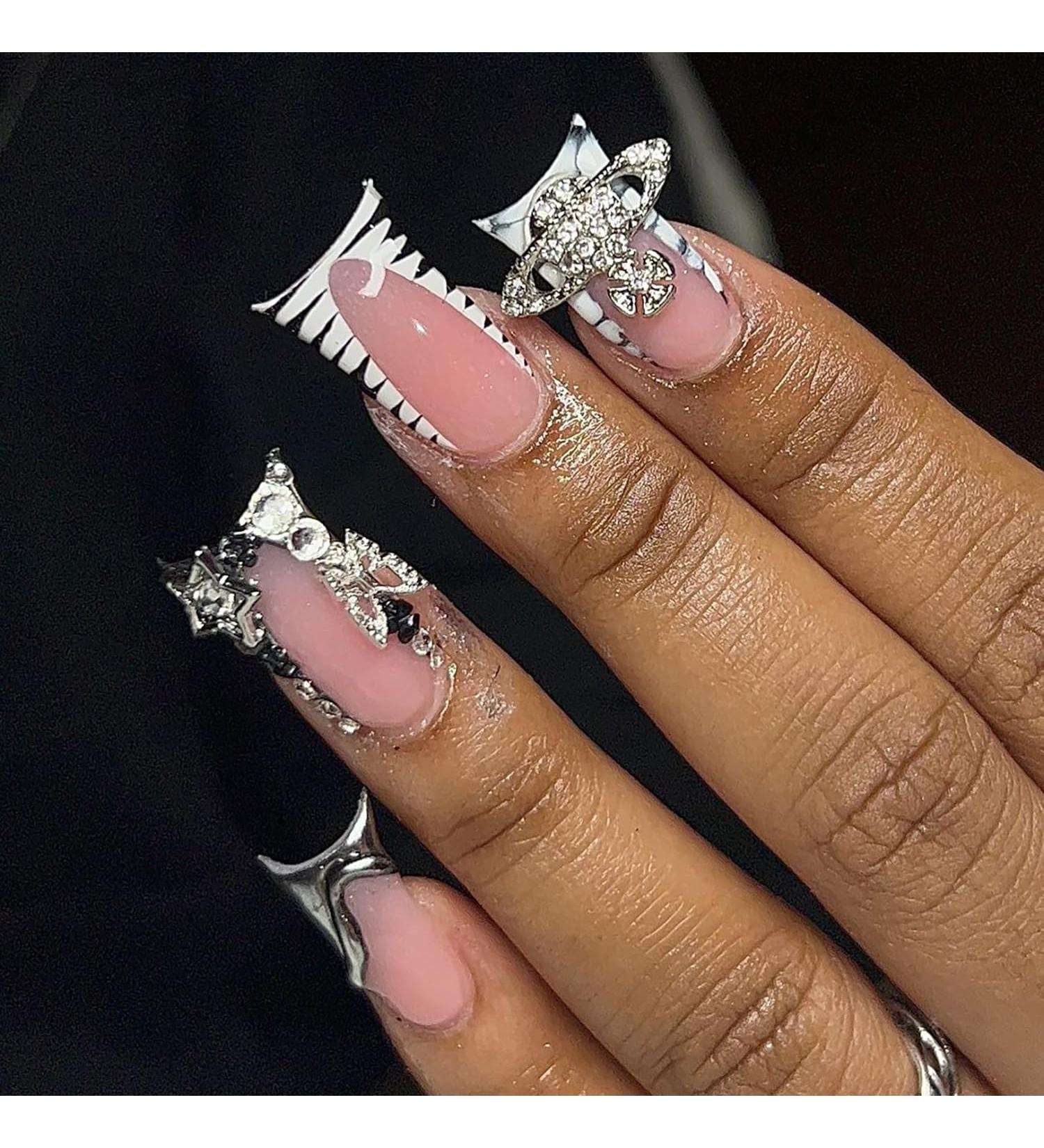 White Duck Nails: Press-On Black French Tips with Rhinestone Design - Duck Feet Style Acrylic Manicure Kit for Women - Buy Online on GoSupps.com