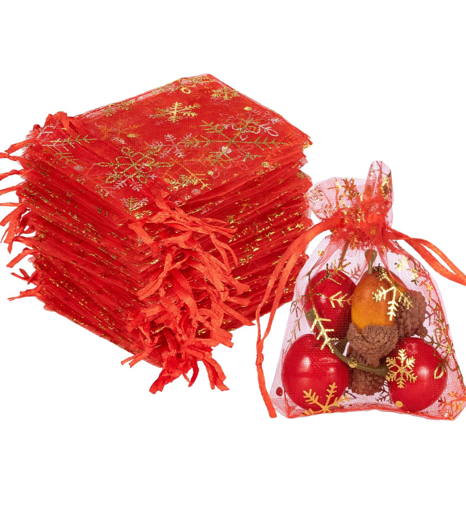100 Pack Red Organza Gift Bags for Christmas - 7x9cm Snowflake Design with Cord - Ideal for Festive Packaging - Buy Online on GoSupps.com