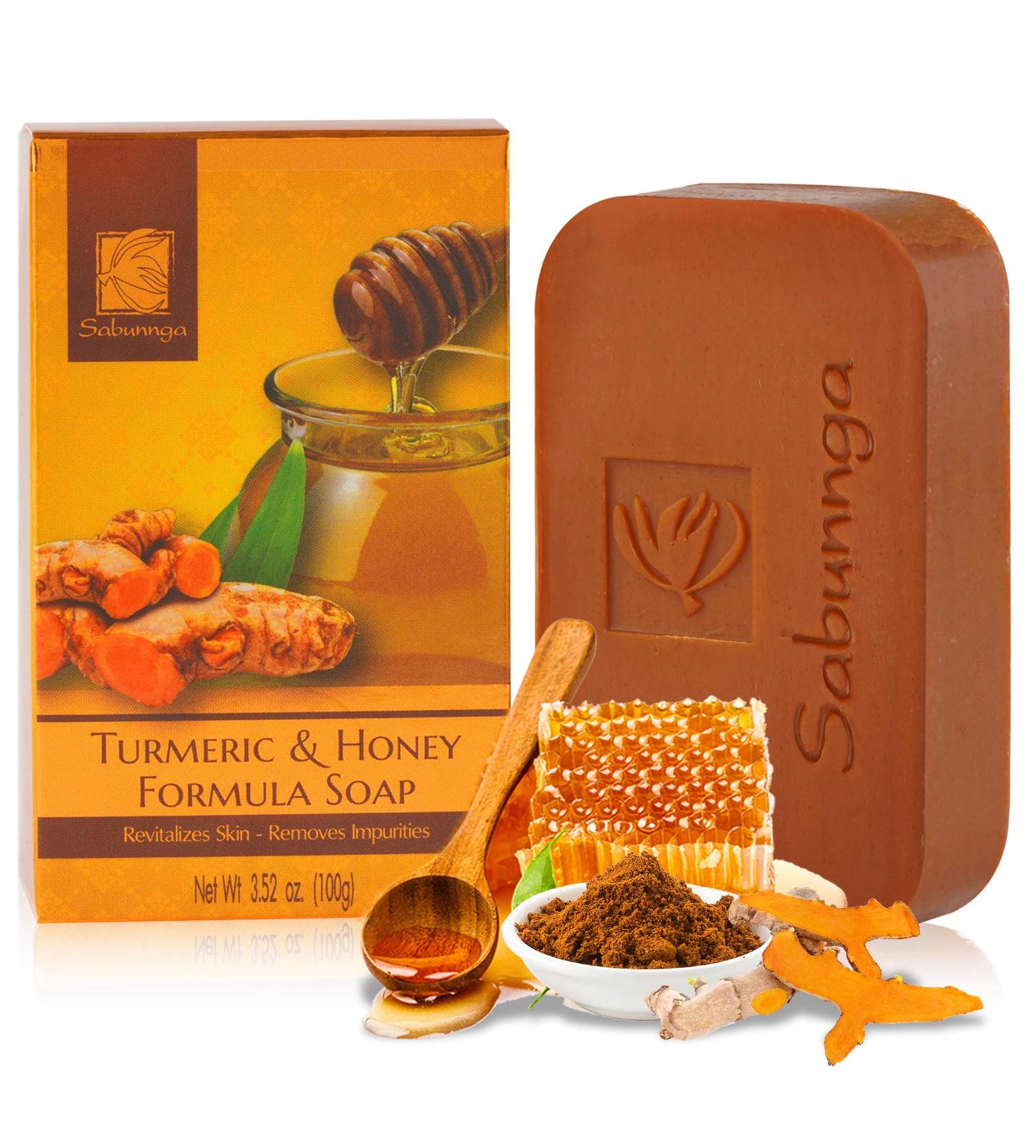 Sabunnga Turmeric Soap Bar - Natural Honey Turmeric Soap for Face & Body - Fades Dark Spots, PH Balanced, Gentle Exfoliating - Buy Online on GoSupps.com