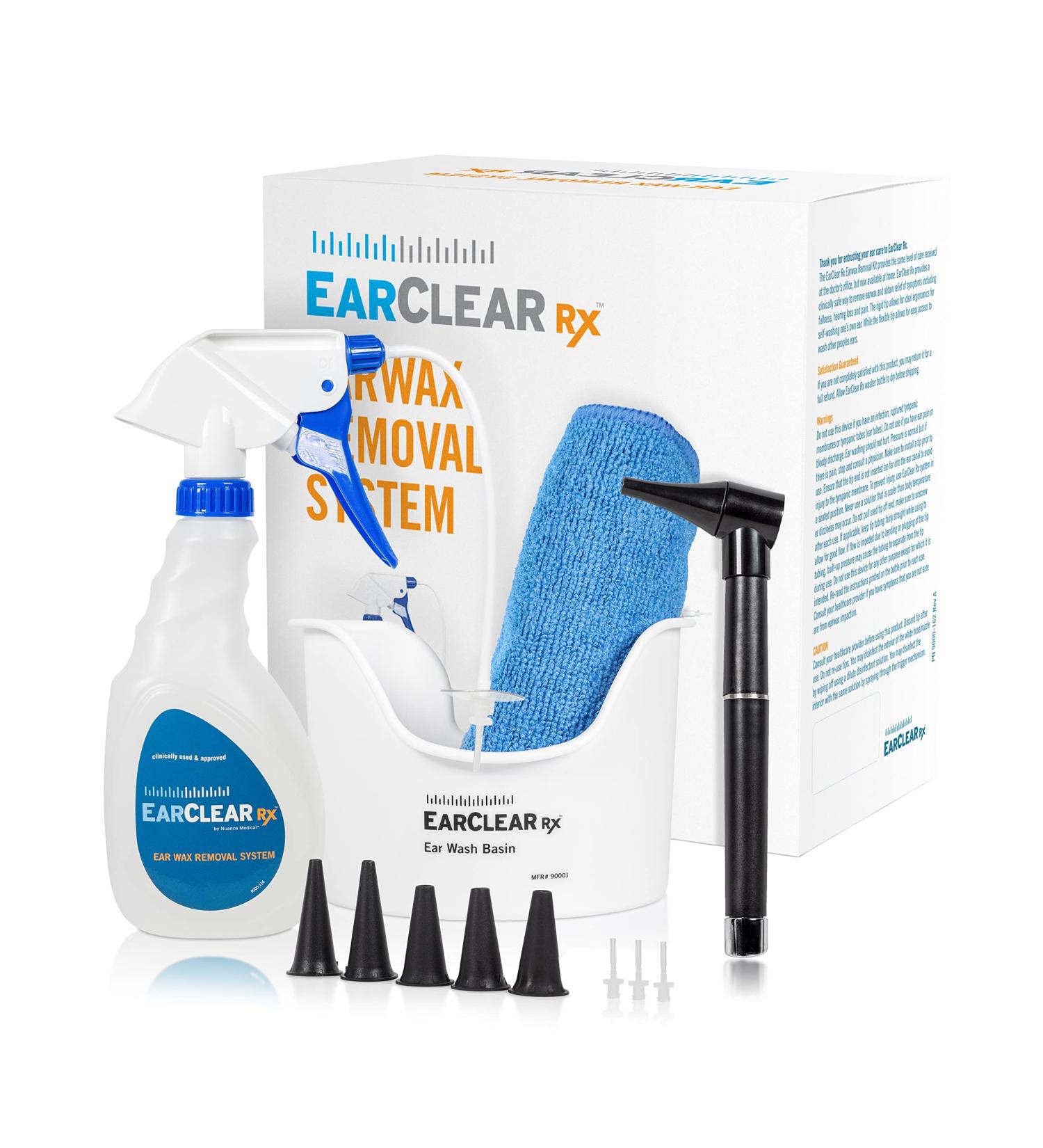 Nuance Medical EarClear Rx: Ear Cleaning Kit for Adults & Kids - Flexible Tip System with Otoscope Penlight, Basin, Disposable Tips & Microfiber Towel - Buy Online on GoSupps.com