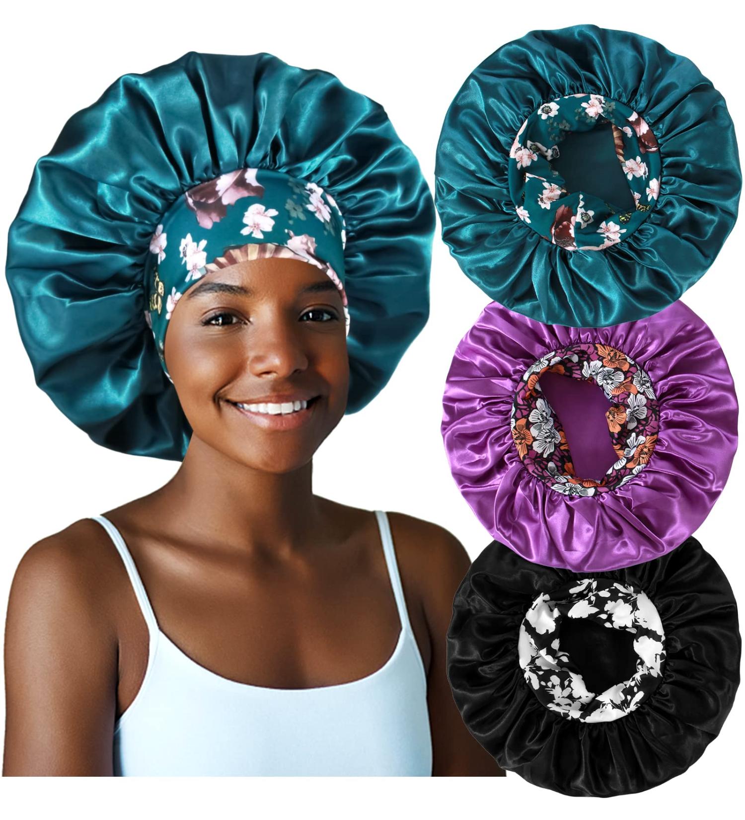 3PCS Satin Bonnets for Black Women - XL Hair Bonnets for Sleeping Braids & Curly Hair - C-Black, Teal, Purple - Buy Online on GoSupps.com