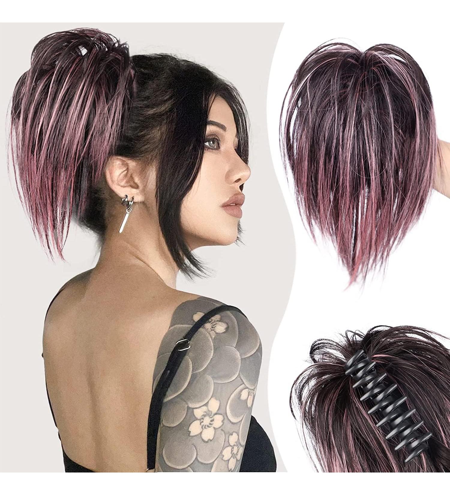 Colorful Panda Claw Clip Ponytail Extension 10 Inch - Ombre Pink Messy Bun Scrunchie Hair Accessory for Women and Girls - Buy Online on GoSupps.com