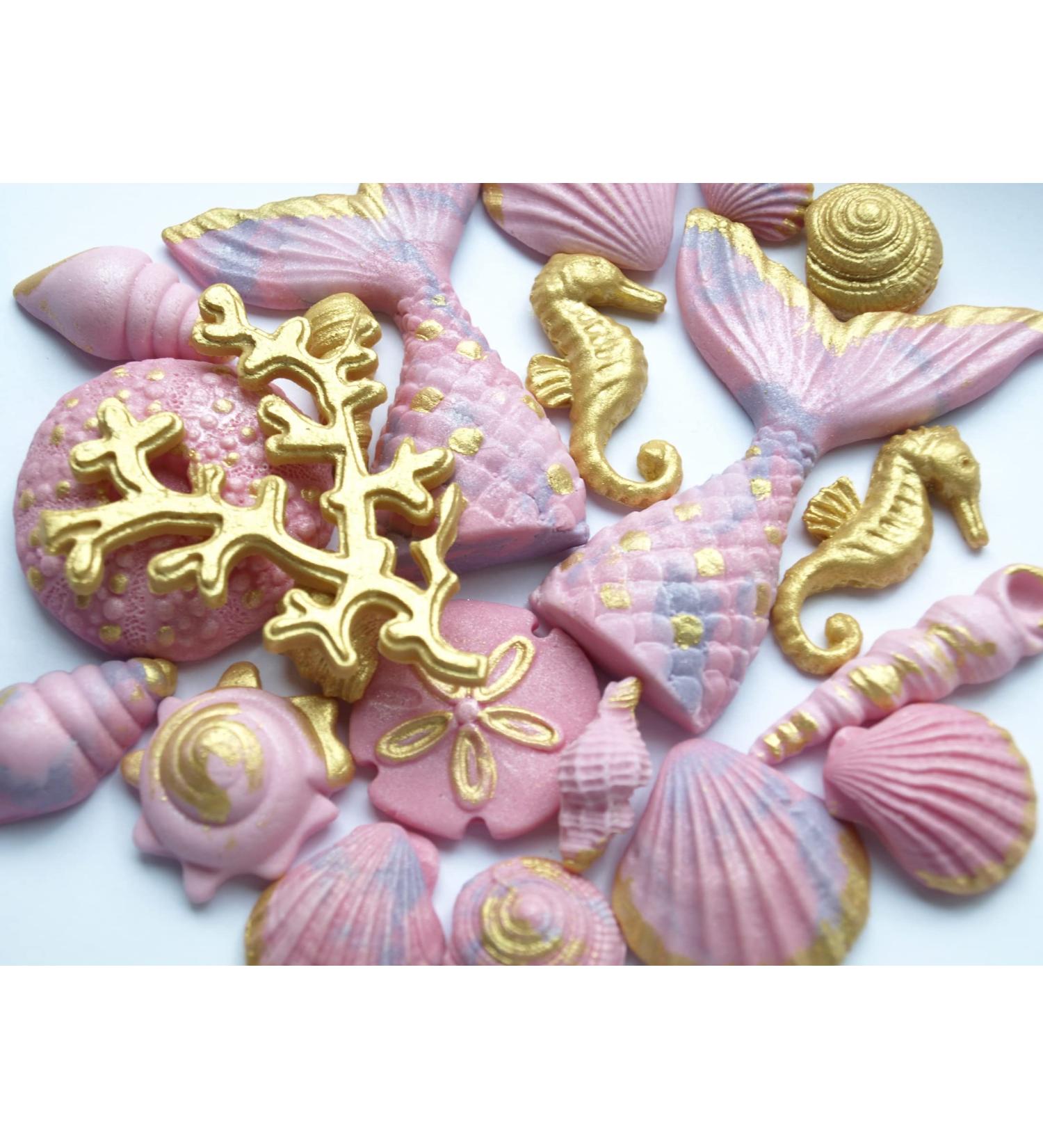 25x Edible Mermaid Tail Seashells Seahorse Gold Coral Under the sea Fondant Cake Topper Decoration - Buy Online on GoSupps.com