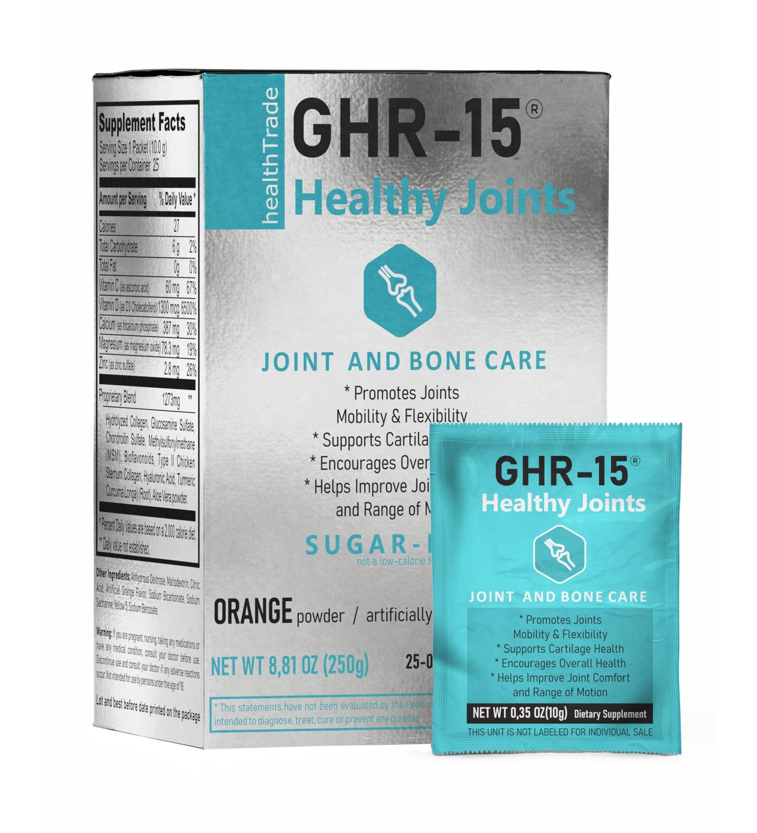 GHR-15 HEALTHY JOINTS Collagen Peptides Collagen Types I & II Glucosamine Chondroitin MSM Hyaluronic Acid Turmeric Aloe Vera Vitamins C D Zinc Calcium Magnesium - Buy Online on GoSupps.com
