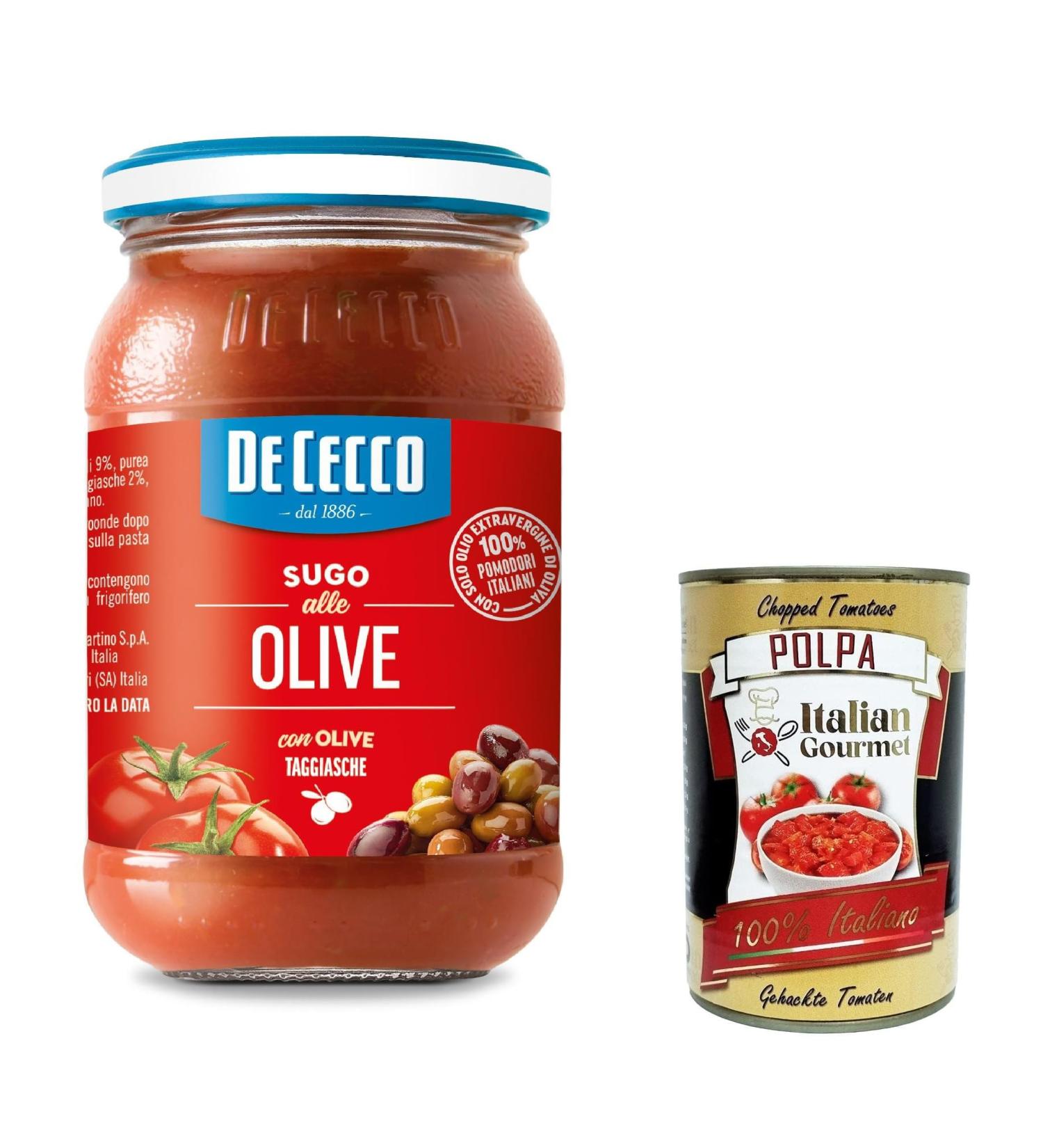  Italian Gourmet E.R. De Cecco Sugo con Olive (6-pack of tomato sauce with olives) + 200g of Italian pasta + 400g of Italian Gourmet Polpa - Buy Online on GoSupps.com