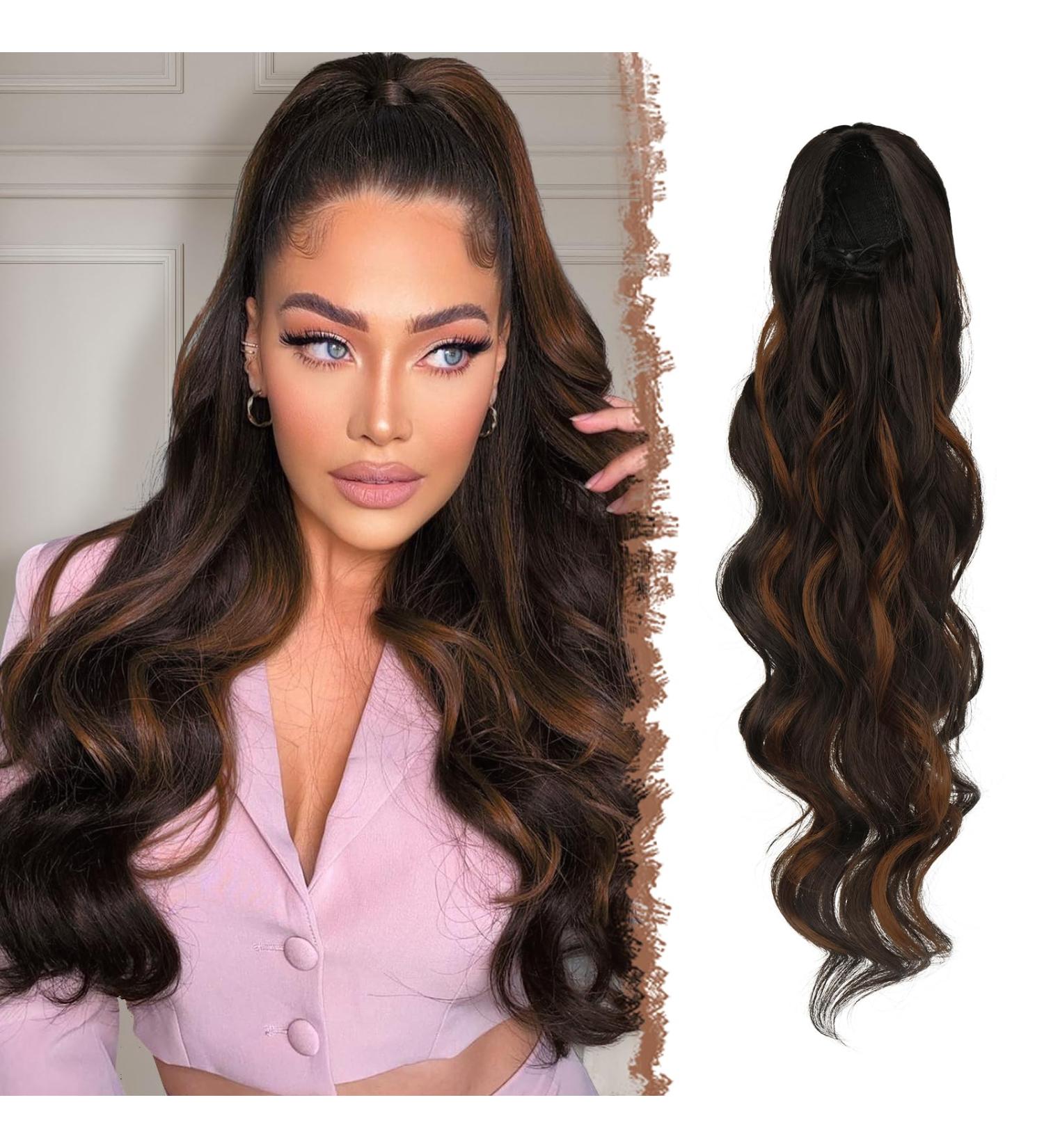 FESHFEN Curly Wavy Ponytail Extension 60cm Dark Brown & Light Auburn - Clip-in Synthetic Hairpiece for Women & Girls - Buy Online on GoSupps.com