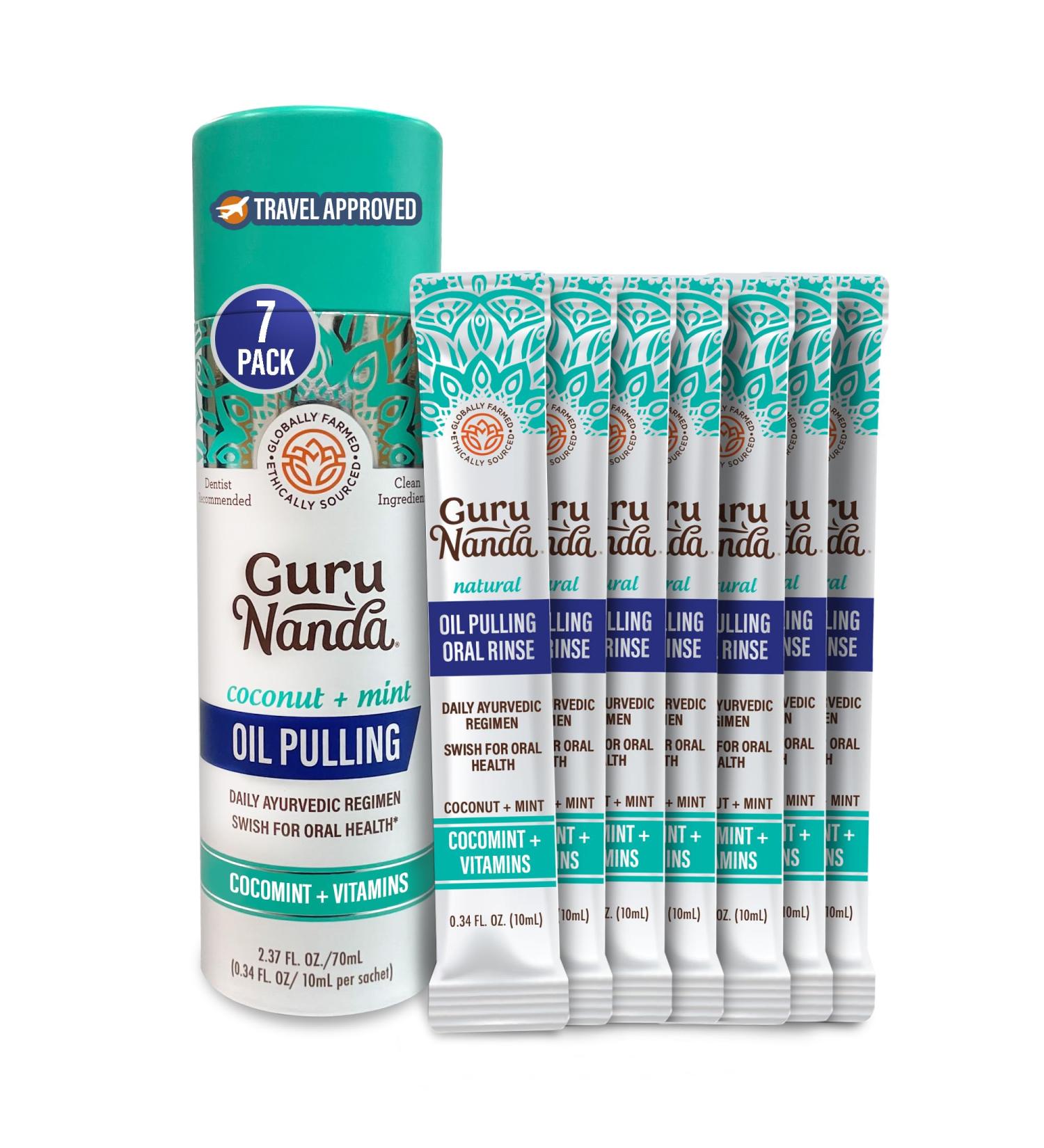 GuruNanda Travel Sachets Coconut Oil Pulling Fresh Breath Mouthwash 7 Essential Oils & Vitamins for Happy Teeth & Gums 7 Sachets 0.34 Fl Oz (Pack of 7) - Buy Online on GoSupps.com