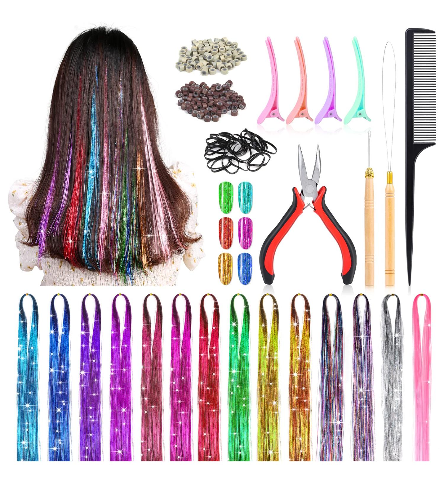 Mckanti 14 Colors Hair Tinsel Kit with Tool - 2800 Strands Fairy Hair Extensions for Women & Girls - Sparkling Shiny Colorful Synthetic Hair for Party & Daily Fashion - Buy Online on GoSupps.com