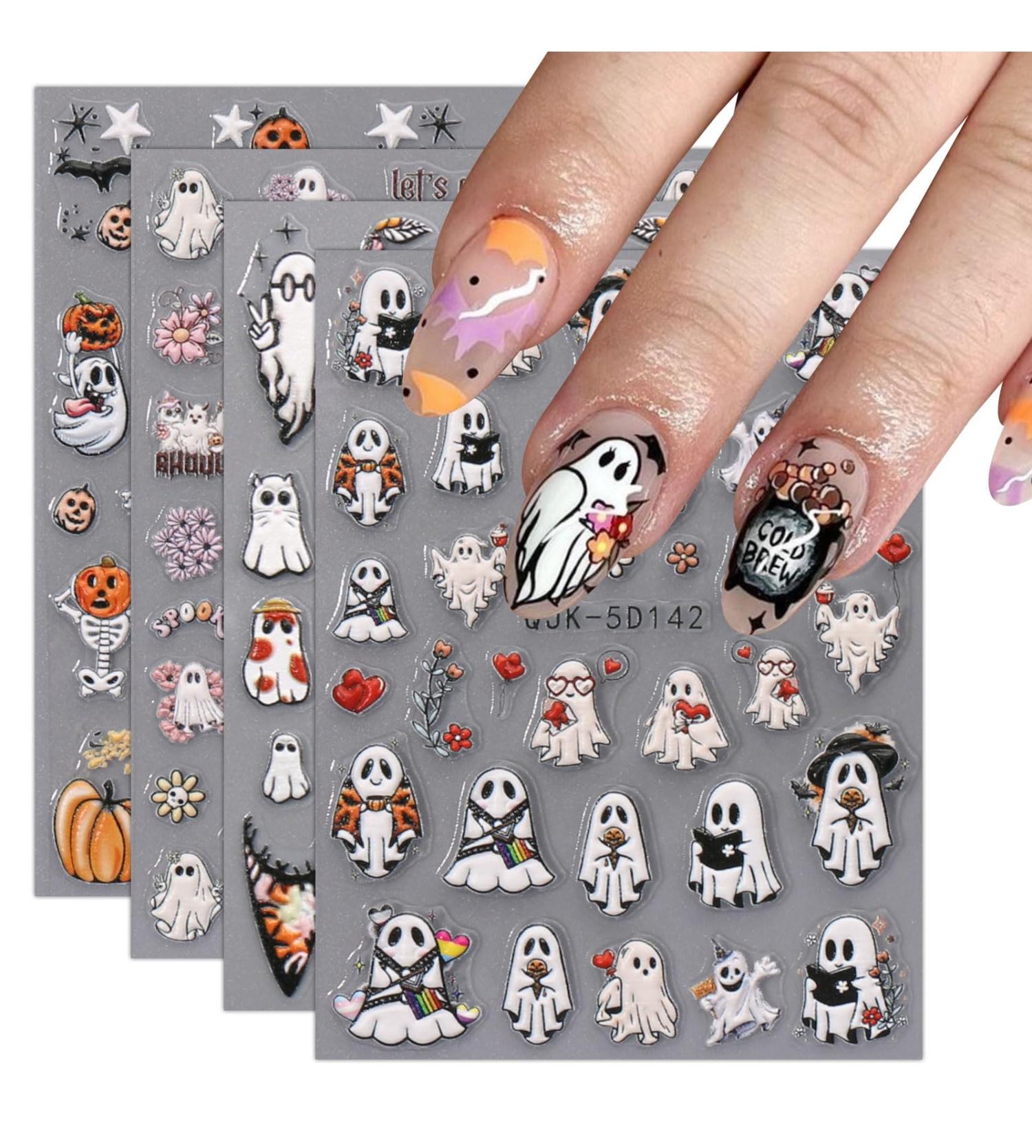 5D Halloween Nail Stickers 4 Sheets 5D Self-Adhesive Embossed Nail Decal Ghost Nail Art Decoration Design Supplies - Buy Online on GoSupps.com