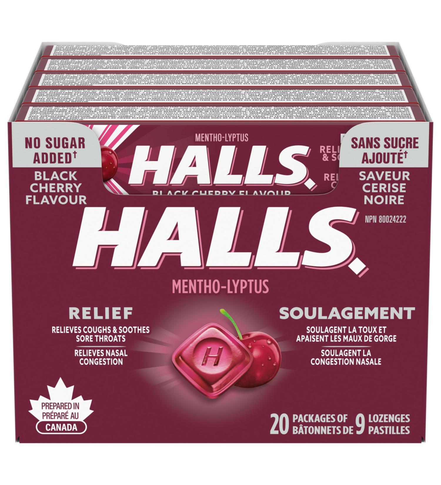 HALLS No Sugar Added Black Cherry Cough Drops Throat Lozenges Sore Throat Relief Mentho-Lyptus 9 Lozenges Cough Drops Black Cherry Singles (Full Tray) - Buy Online on GoSupps.com