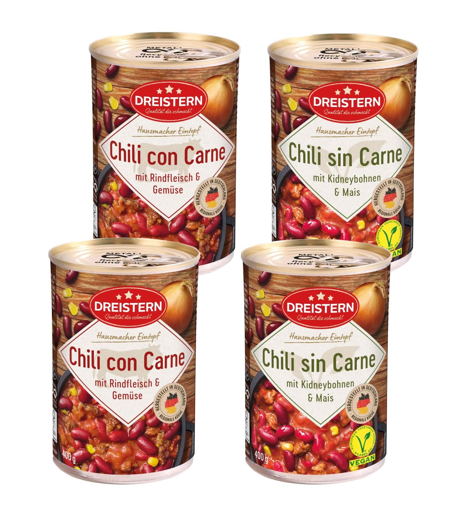 Three star chili con carne and sin carne with beef and with soy 4 doses 400g |Spicy stews in the recyclable canon box |Lots of insert with beans & maize station wagon package