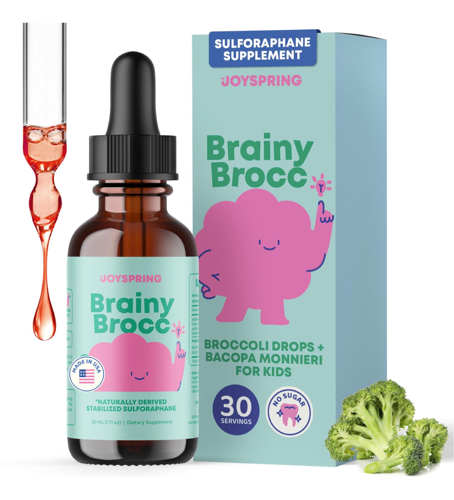 JoySpring Broccoli Supplement for Kids | Sulforaphane & Bacopa Monnieri Drops | Supports Cognitive Function | Vegan & Kid-Friendly 1 Fl Oz (Pack of 1) - Buy Online on GoSupps.com