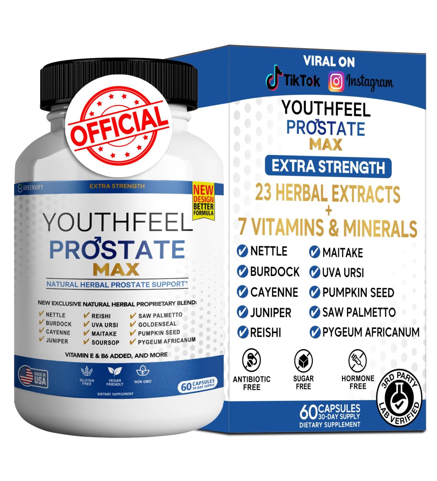 Youthfeel Prostate Max Natural Herbal Support Supplement 60 Capsules Extra Strength Formula with Saw Palmetto Vitamins E & B6 (1) - Buy Online on GoSupps.com