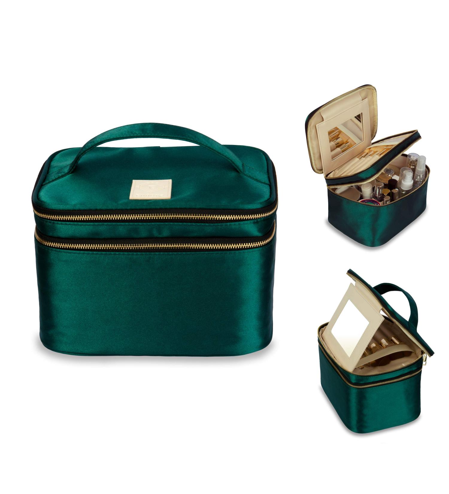 Eudora Double Layer Travel Makeup Bag - Green Nylon Satin Organizer with Mirror and Brush Holders | Large Cosmetics Bag for Women - Buy Online on GoSupps.com