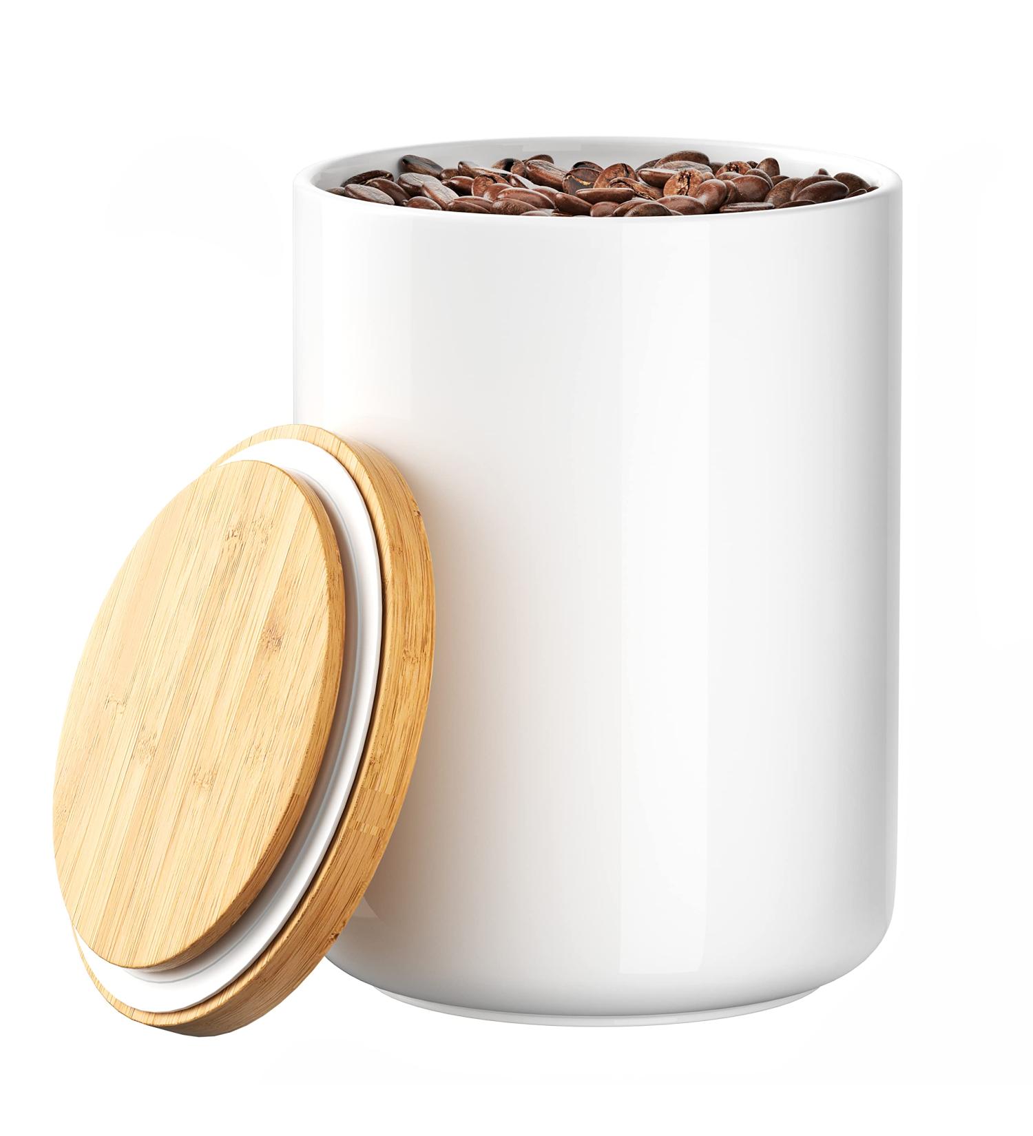 White Ceramic 1050mL 4 cup Food Storage Canister with Airtight Bamboo Lid and Silicone Seal Container for Counter - Great for Flour Coffee Sugar Treats for Dog Puppy Cat Kitten Rawhide Milkbone - Buy Online on GoSupps.com