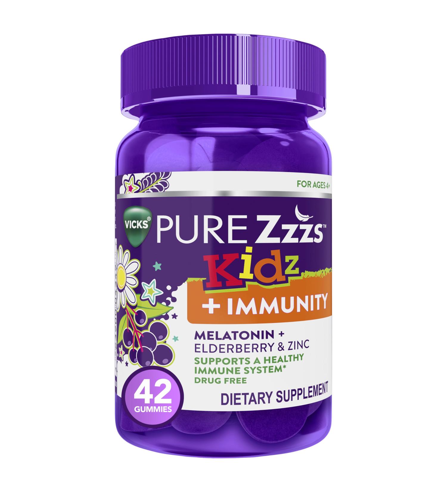 Pure Zzzs Kidz + Immunity by Vicks Melatonin Sleep Aid Gummies for Kids and Children Zinc for Immune Support Low Dose Melatonin Berry Flavored 42 Gummies - Buy Online on GoSupps.com