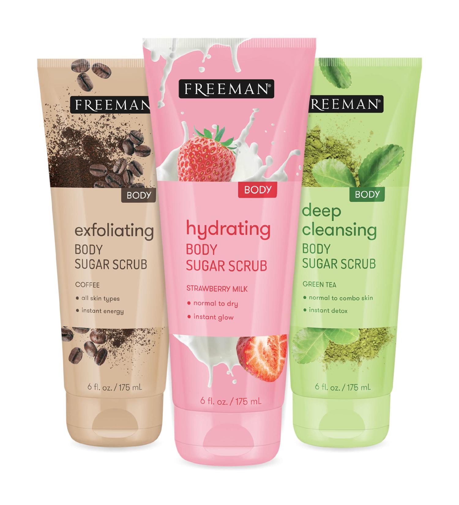 Freeman Sugar Body Scrub Set - Strawberry Milk, Green Tea & Coffee Scrubs | Hydrating Exfoliation for Deep-Cleansing Skincare | Removes Dirt, Oil & Impurities | Self-Tan Prep | 3 Count - Buy Online on GoSupps.com