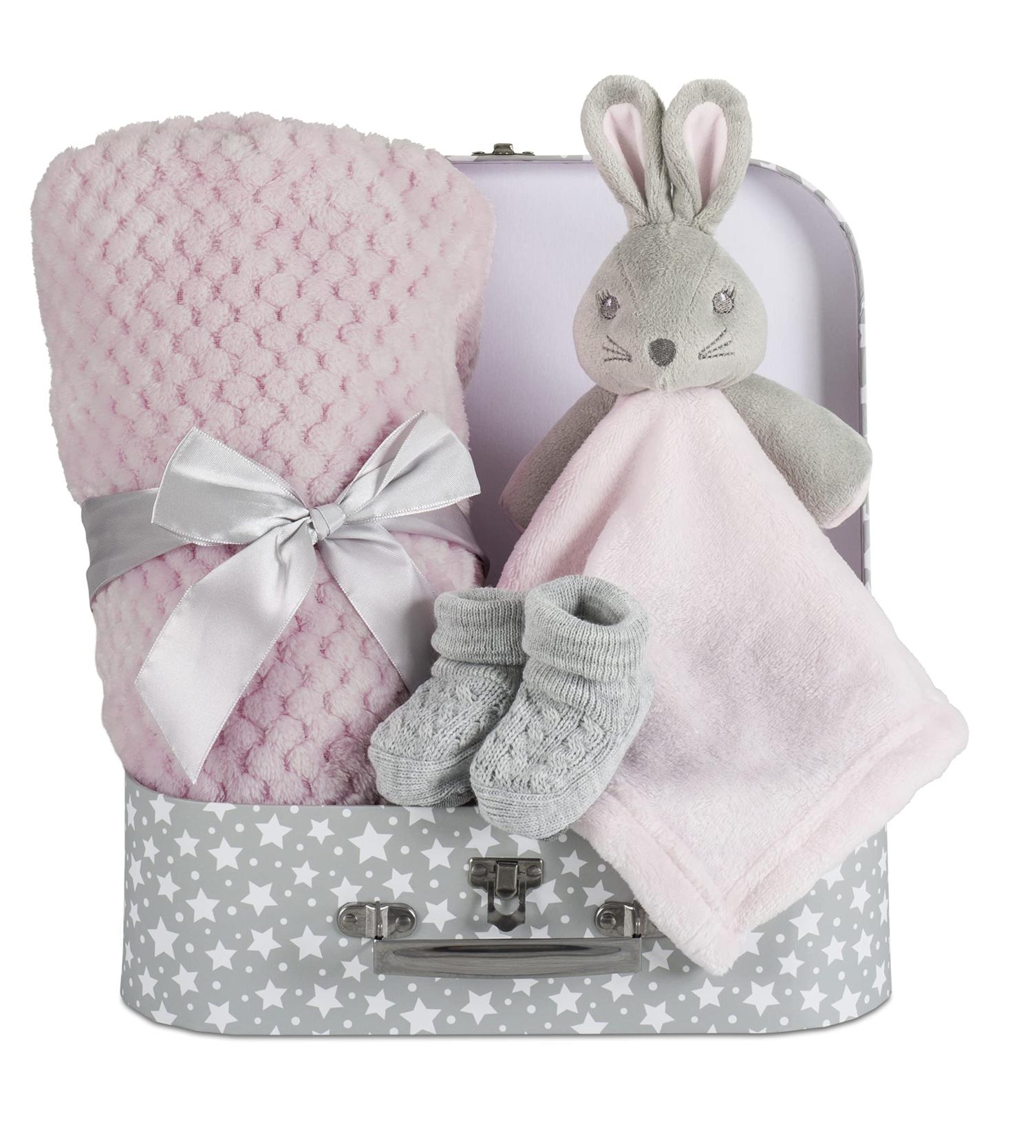 Baby Girl Gift Set - Pink Bunny Security Blanket & Booties in Keepsake Suitcase - Perfect Newborn Gift Basket for Baby Shower - Soft Fleece Blanket - Unique Baby Present - Buy Online on GoSupps.com