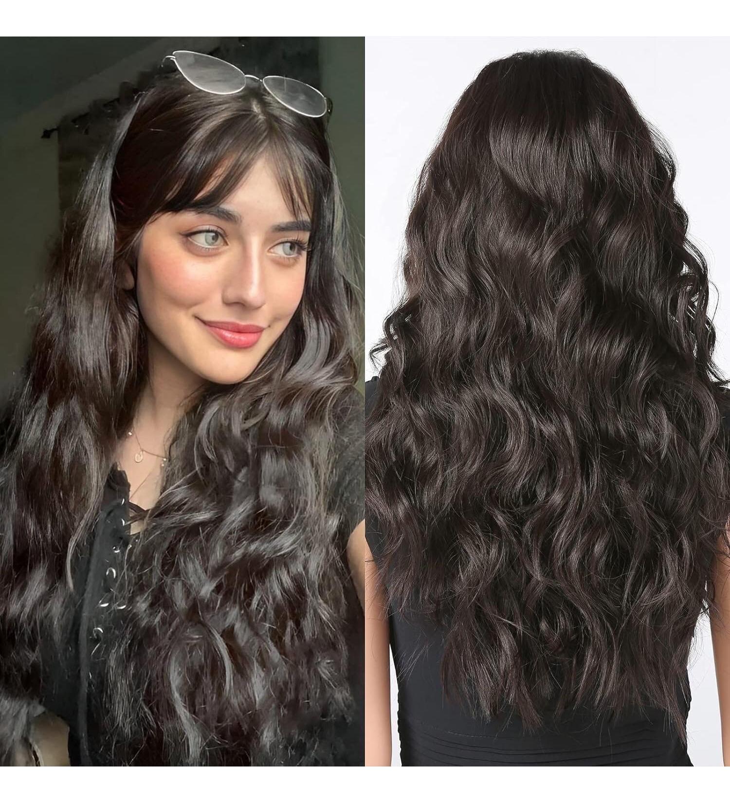 WOKESTAR Long Dark Brown Synthetic Hair Wig with Curtain Fringe for Women - Buy Online on GoSupps.com