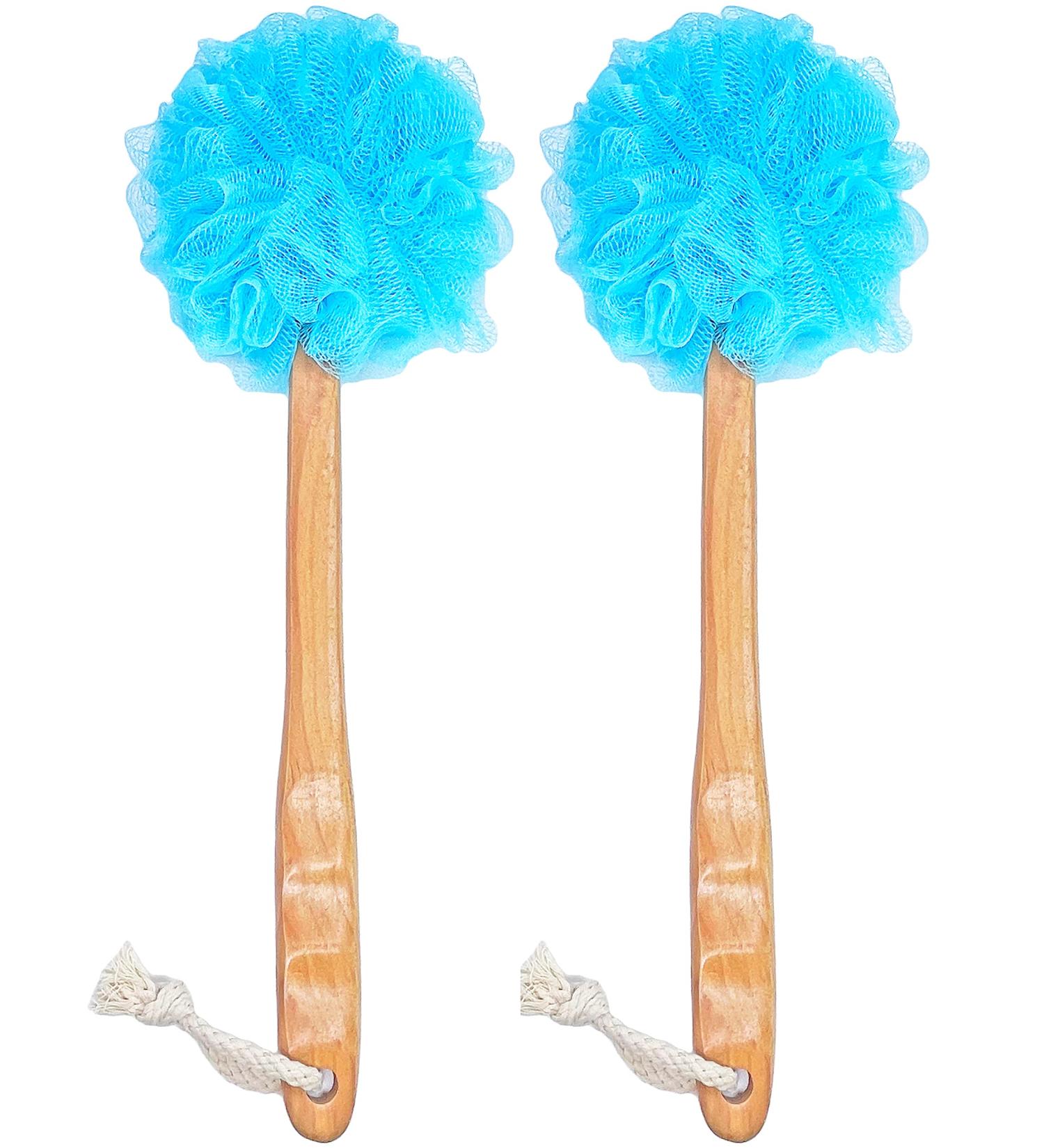 Shower Loofah Body & Back Scrubber | Exfoliating Luffa Bath Brush | Long Wooden Handle | Men & Women | Easy Reach | 2 Pack Blue - Buy Online on GoSupps.com