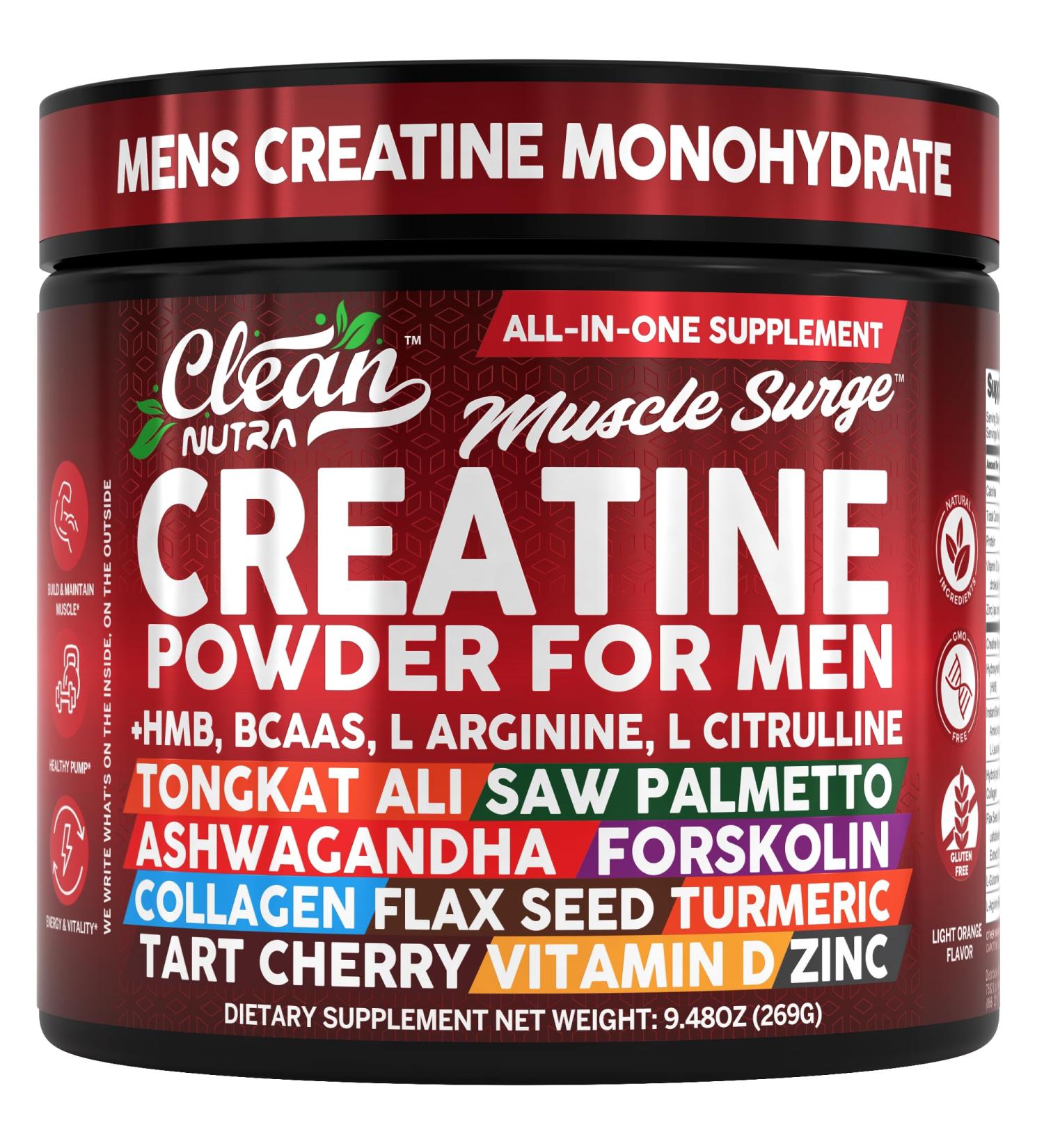 Clean Nutra Creatine Powder for Men + HMB BCAA L Arginine L Citrulline Tongkat Ali Saw Palmetto Ashwagandha Collagen Flax Seed Turmeric Preworkout Stevia Nitric Oxide L Glutamine Amino Acids - Buy Online on GoSupps.com