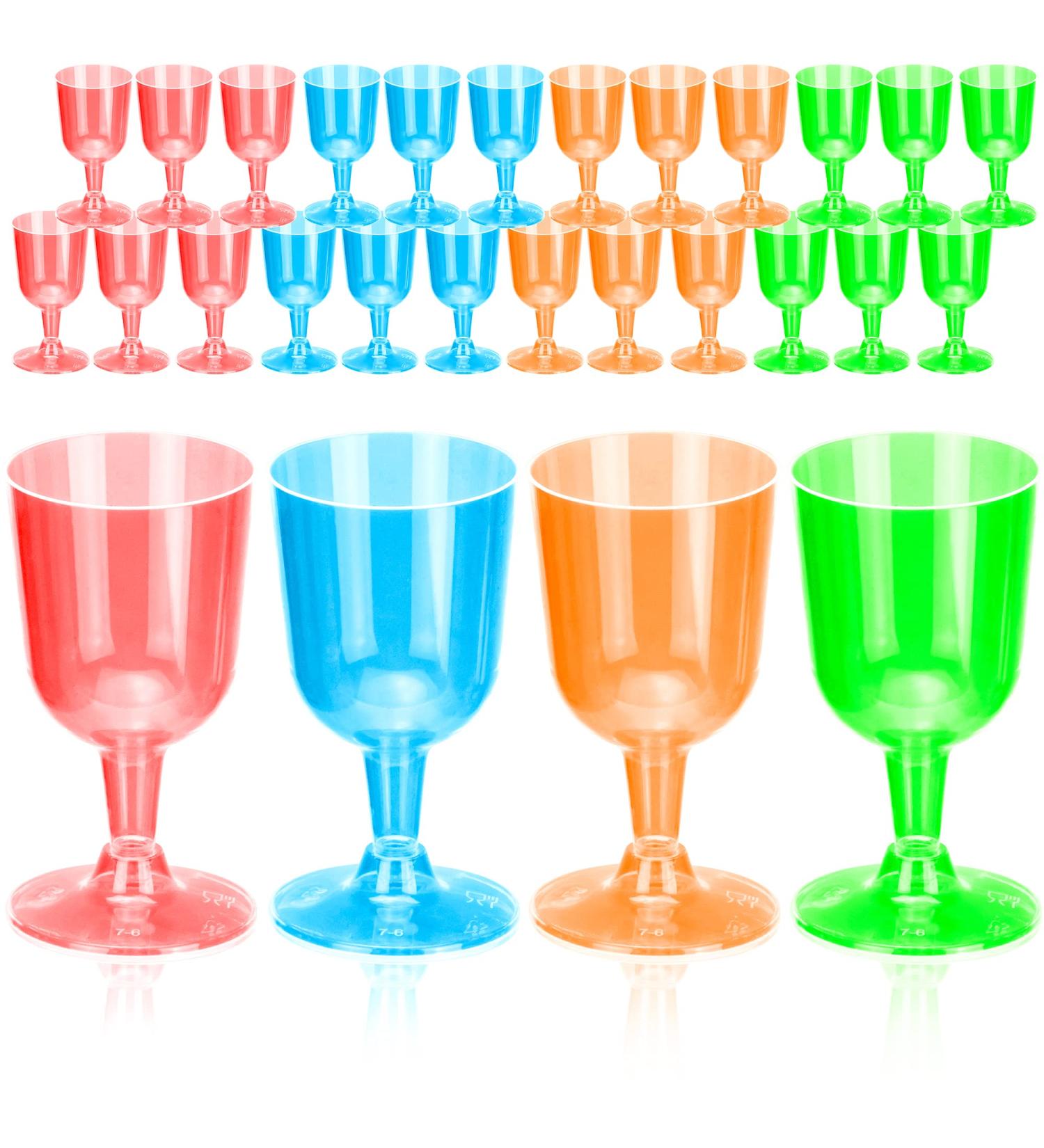 DecorRack 24 Neon Wine Glasses, 6 Oz Plastic Party Wine Cups, Perfect for Outdoor Parties, Weddings, Picnics, Stackable, Reusable, Disposable Stemmed Clear Wine Glasses (Pack of 24)