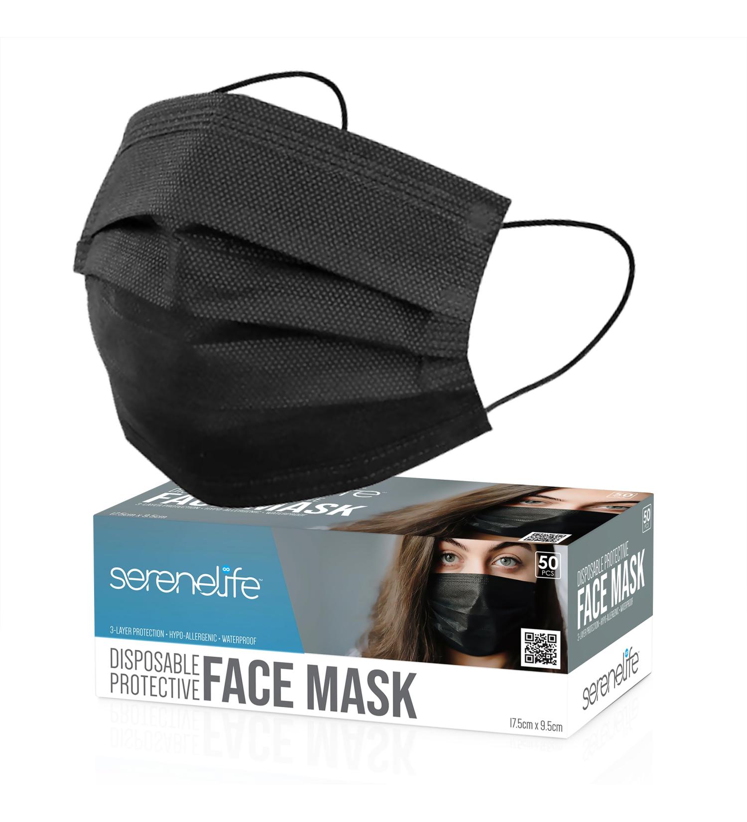 Buy SereneLife 50 Count Disposable Face Masks | Breathable 3-Ply Black Masks for Adults | Comfortable Non-Woven Fabric | Daily Use & Easy Disposal - Buy Online on GoSupps.com