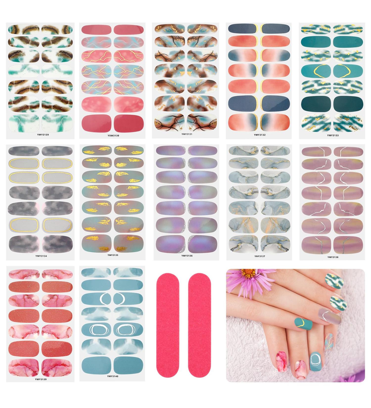 JSRQT 12 Sheets Marble Full Wraps Self Adhesive Nail Stickers 168 Pieces Nail Polish Stickers Set with 2 Nail Files DIY Nail Art Stencil Full Nail Decals Stickers for Women Girls Manicure - Buy Online on GoSupps.com