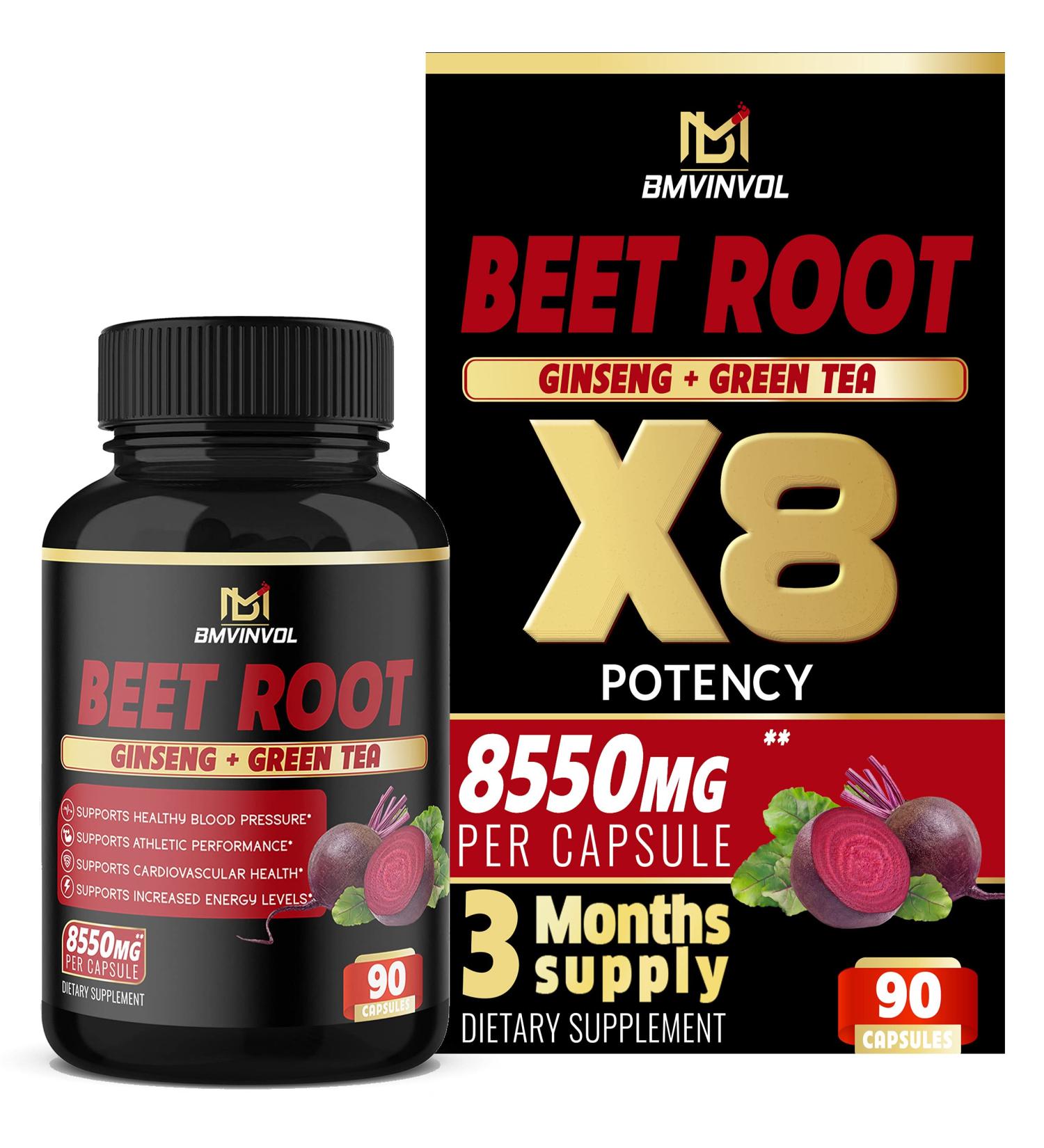 Beet Root Extract Capsules 8550mg with Green Tea, Red Spinach, Ginseng - Athletic Performance & Immune Support - 3 Months Supply - Buy Online on GoSupps.com