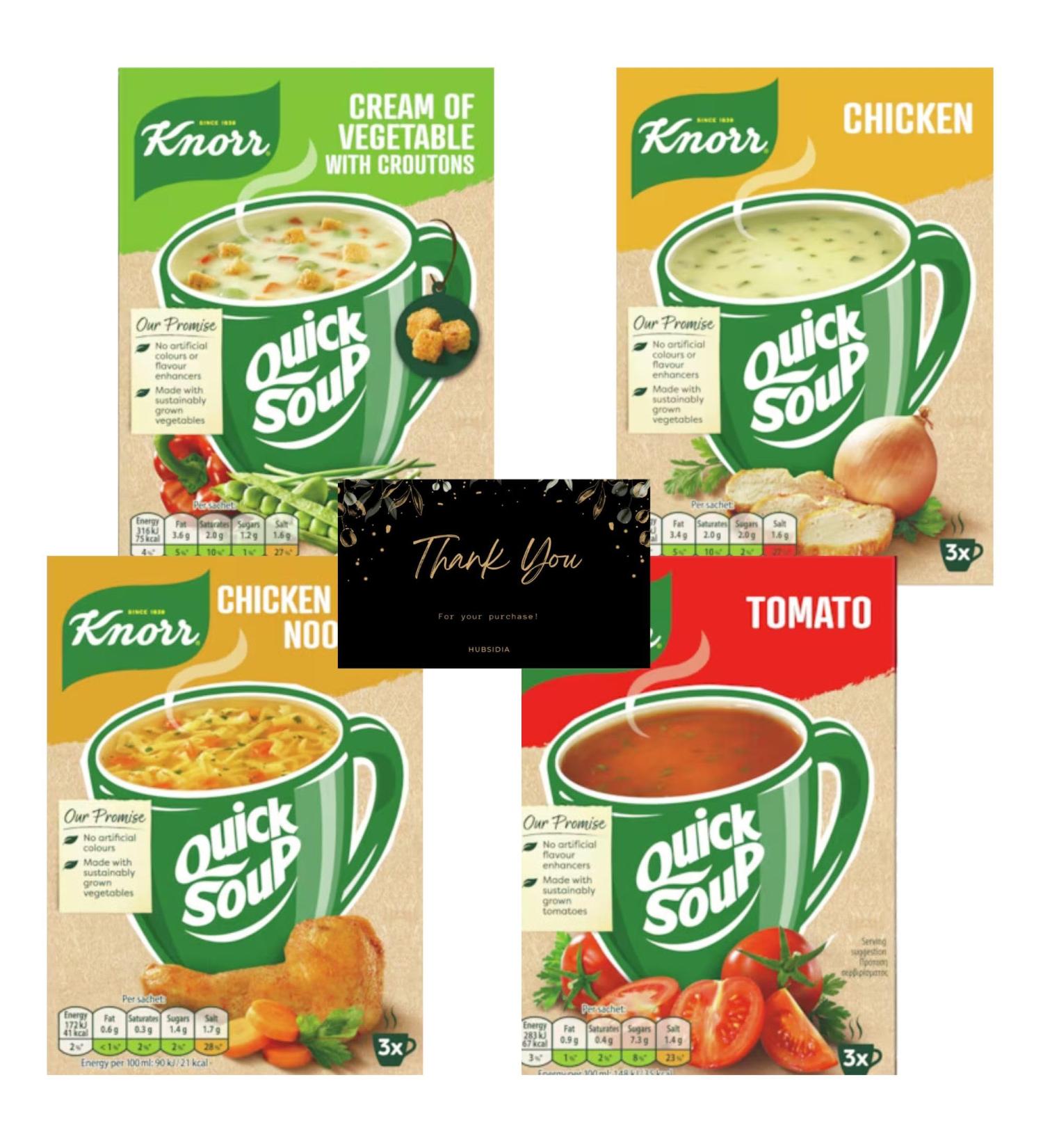 Instant Knorr Soup Bundle with 4 Knorr Quick Soup Flavours (4 Pack / 12 Instant Soup Sachets) with Hubsidia Thank you Card - Buy Online on GoSupps.com