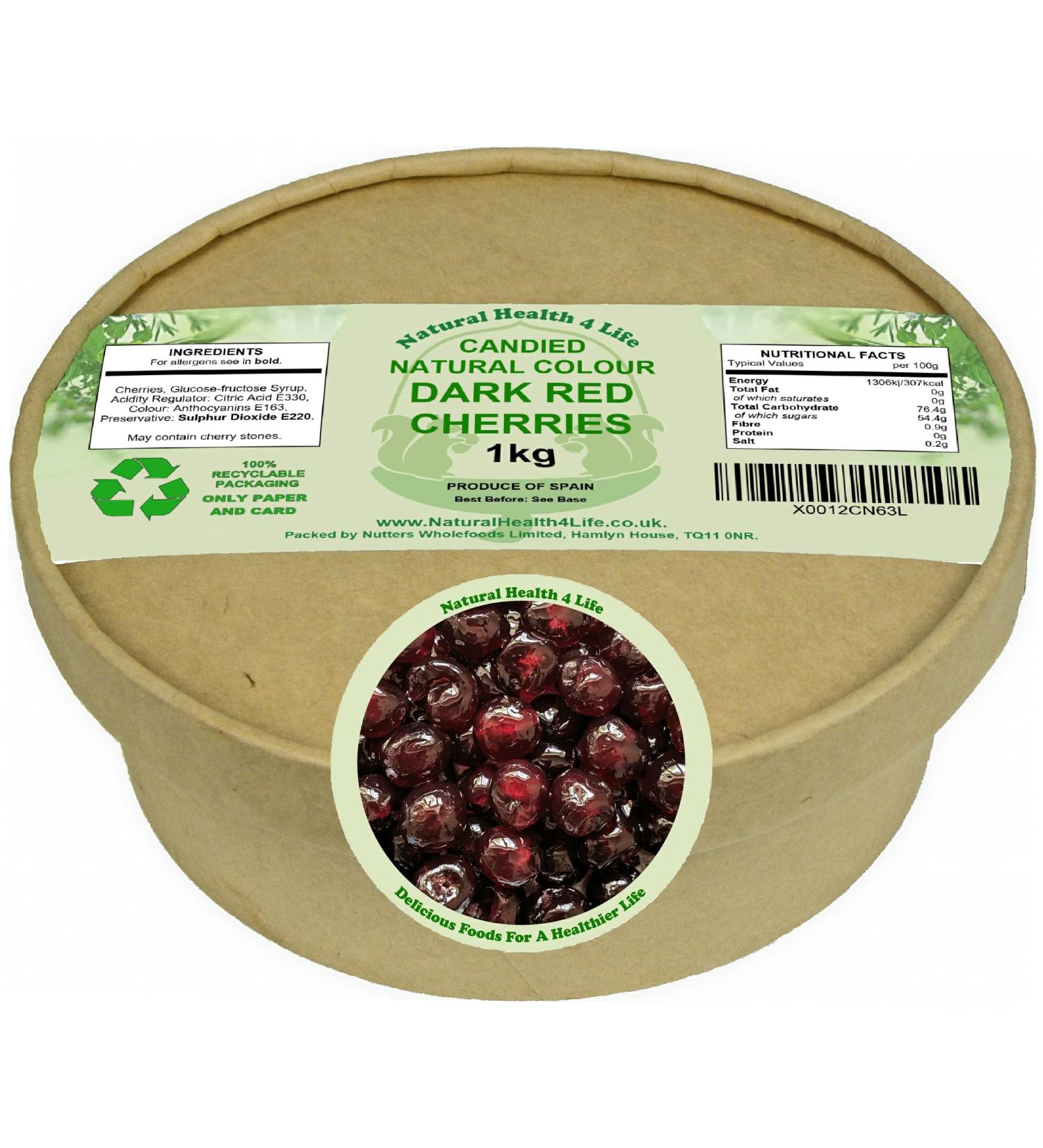Natural Health 4 Life Cake Baking Ingredients Candied Natural Colour Dark Red Glace Cherries 1 kg in Recyclable Tub (1 Tub) 1kg - Buy Online on GoSupps.com