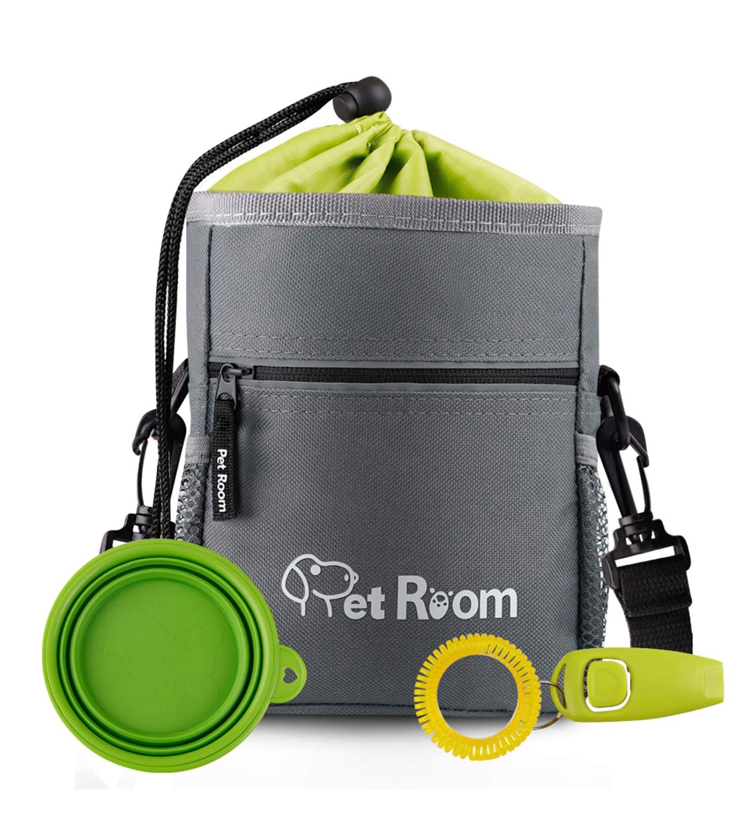 Dog Treat Pouch Bag with Poop Bag Holder, Clicker, Water Bowl - Gray/Green - Buy Online on GoSupps.com
