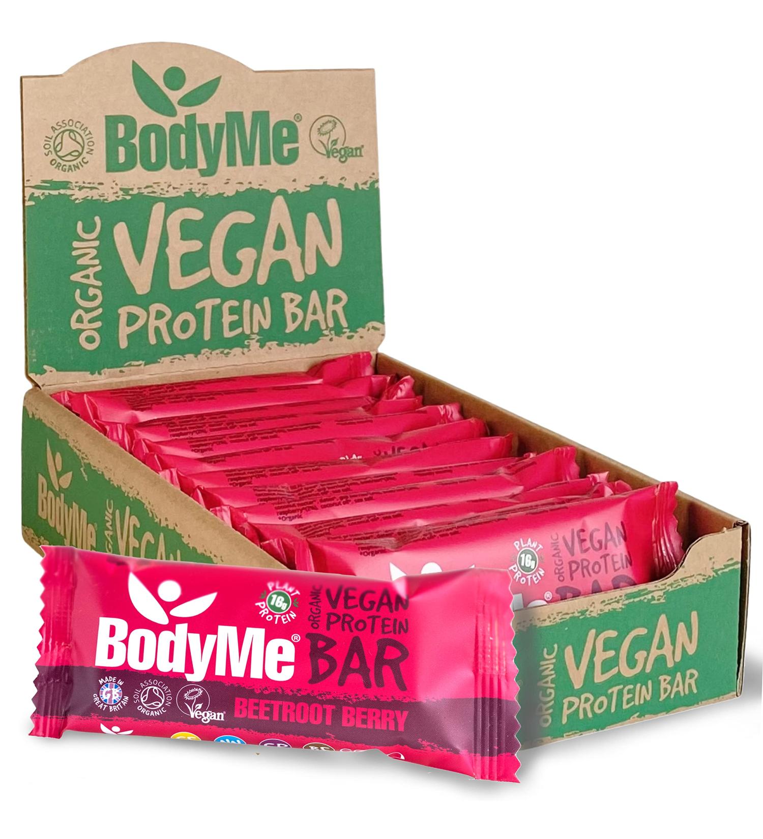 BodyMe Organic Vegan Protein Bar | Raw Beetroot Berry | 12 x 60g Gluten-Free Snack Bars | High Protein Vegan Snacks 12 Count - Buy Online on GoSupps.com
