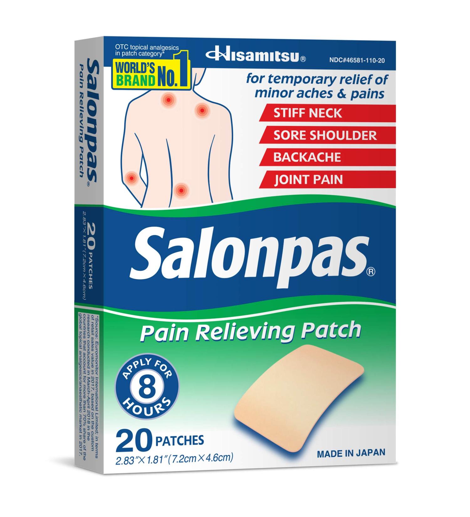 Salonpas Pain Relieving Patch | 20 Count for Back Neck Shoulder & Knee Pain | 8 Hour Pain Relief | International Shipping Available - Buy Online on GoSupps.com