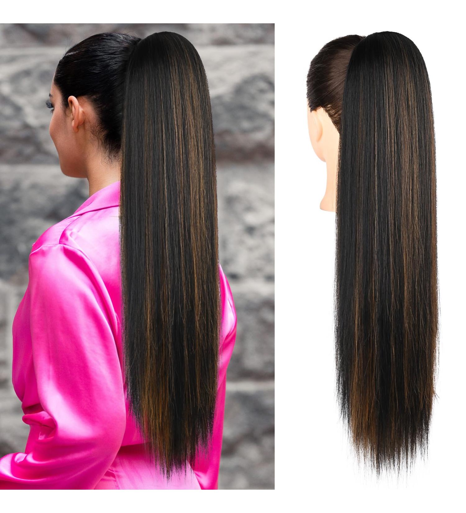 REECHO 28 Straight Drawstring Ponytail Extension - Synthetic Hairpiece for Women, Black with Highlights - Buy Online on GoSupps.com