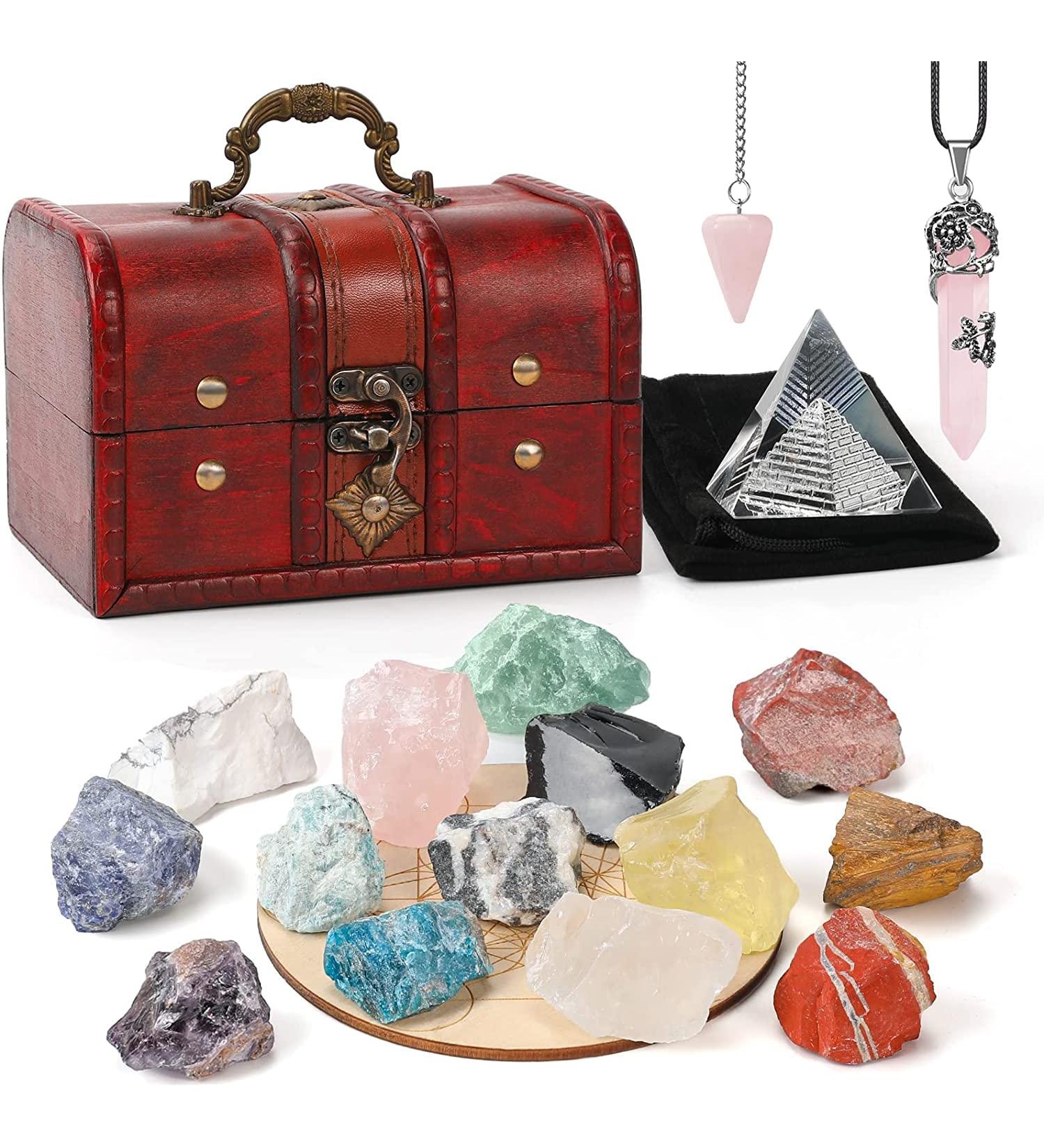 18Pcs Healing Crystals Set with Chakra Stones, Pendulum, Necklace & Wooden Box - Meditation & Yoga Collection - Buy Online on GoSupps.com