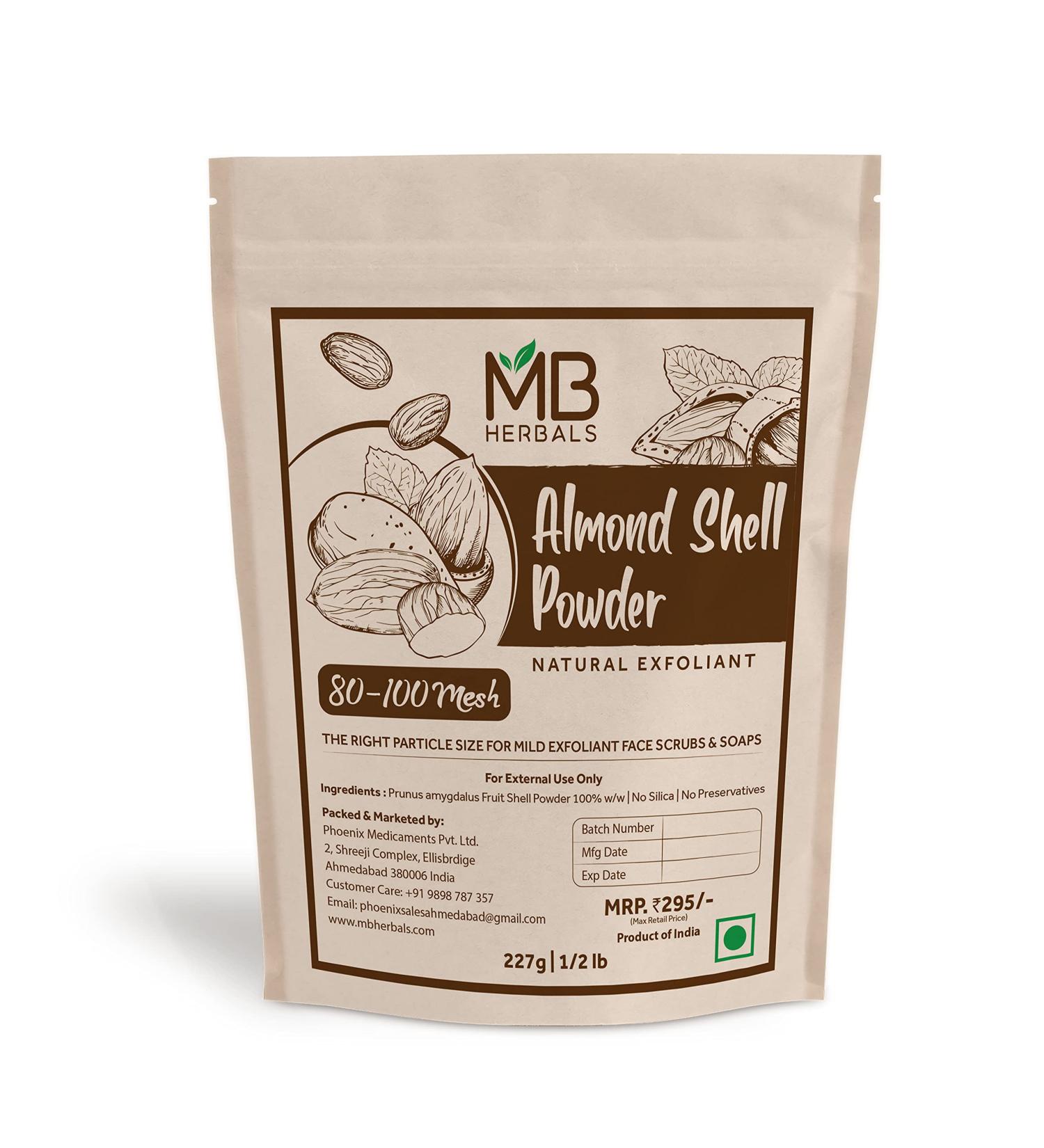 MB Herbals Almond Shell Powder 227g | 8 oz/Half Pound | 80-100 Mesh Size | For Exfoliating Face Scrubs & Soaps | Natural Exfoliant | External Use Only