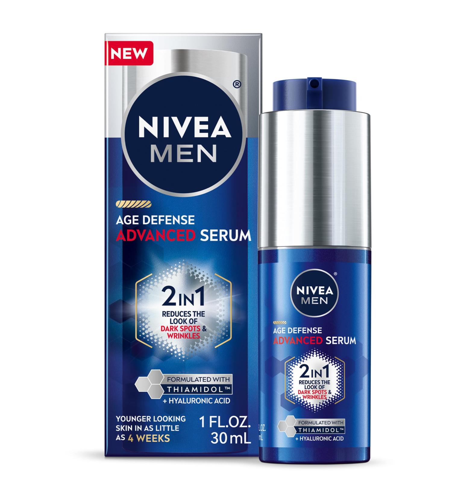 NIVEA MEN Age Defense Advanced Face Serum for Dark Spots with Thiamidol (TM) + Hyaluronic Acid Fast-Absorbing Face Serum for Men Helps Reduce Look of Dark Spots Fine Lines & Wrinkles 1 Fl Oz Bottle - Buy Online on GoSupps.com