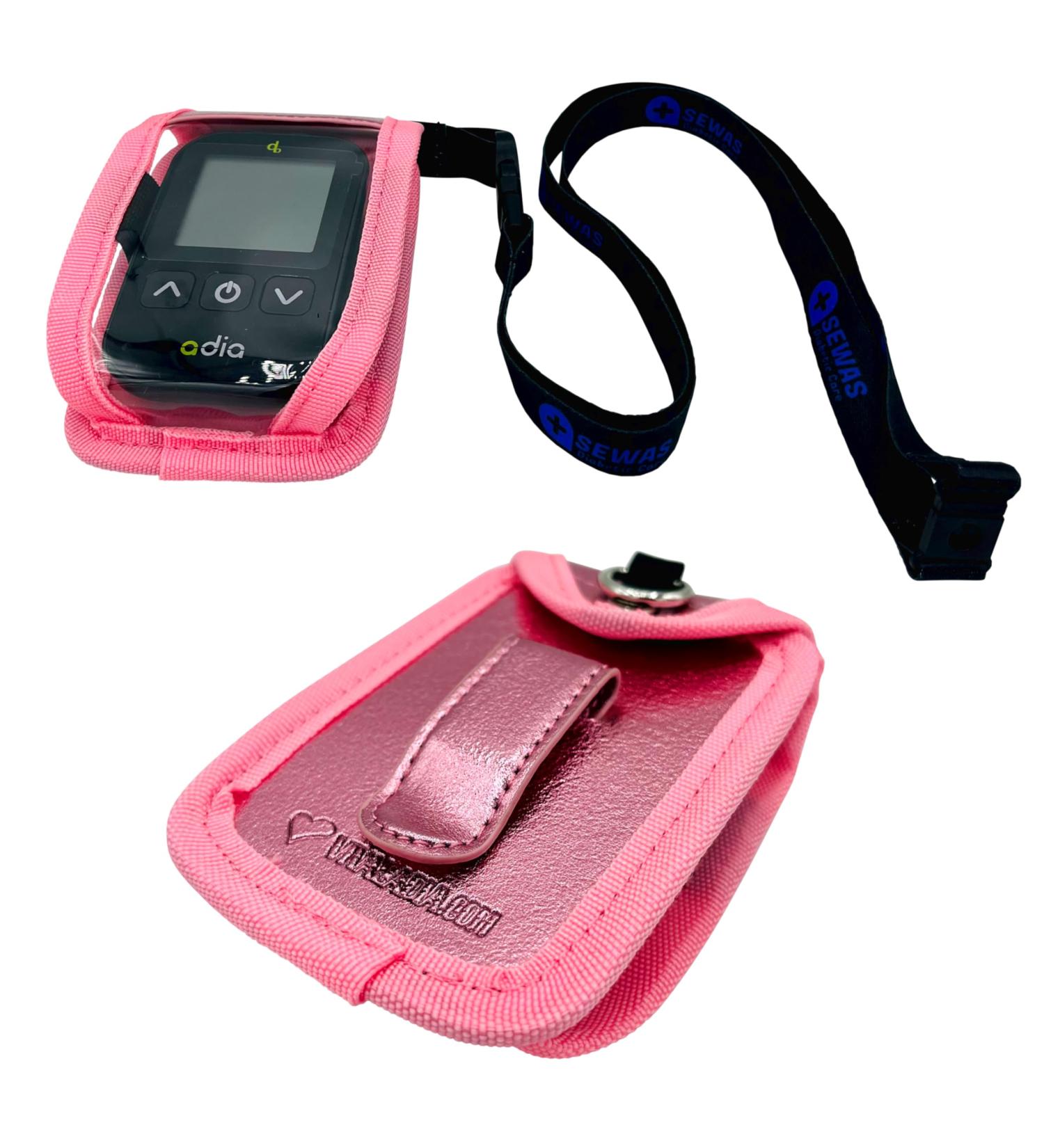 Sevas Diabetic Care - Bag for the hanging - for the Adia blood sugar measuring device - shoulder bag with a belt clip and viewing window - including the handle band - pink