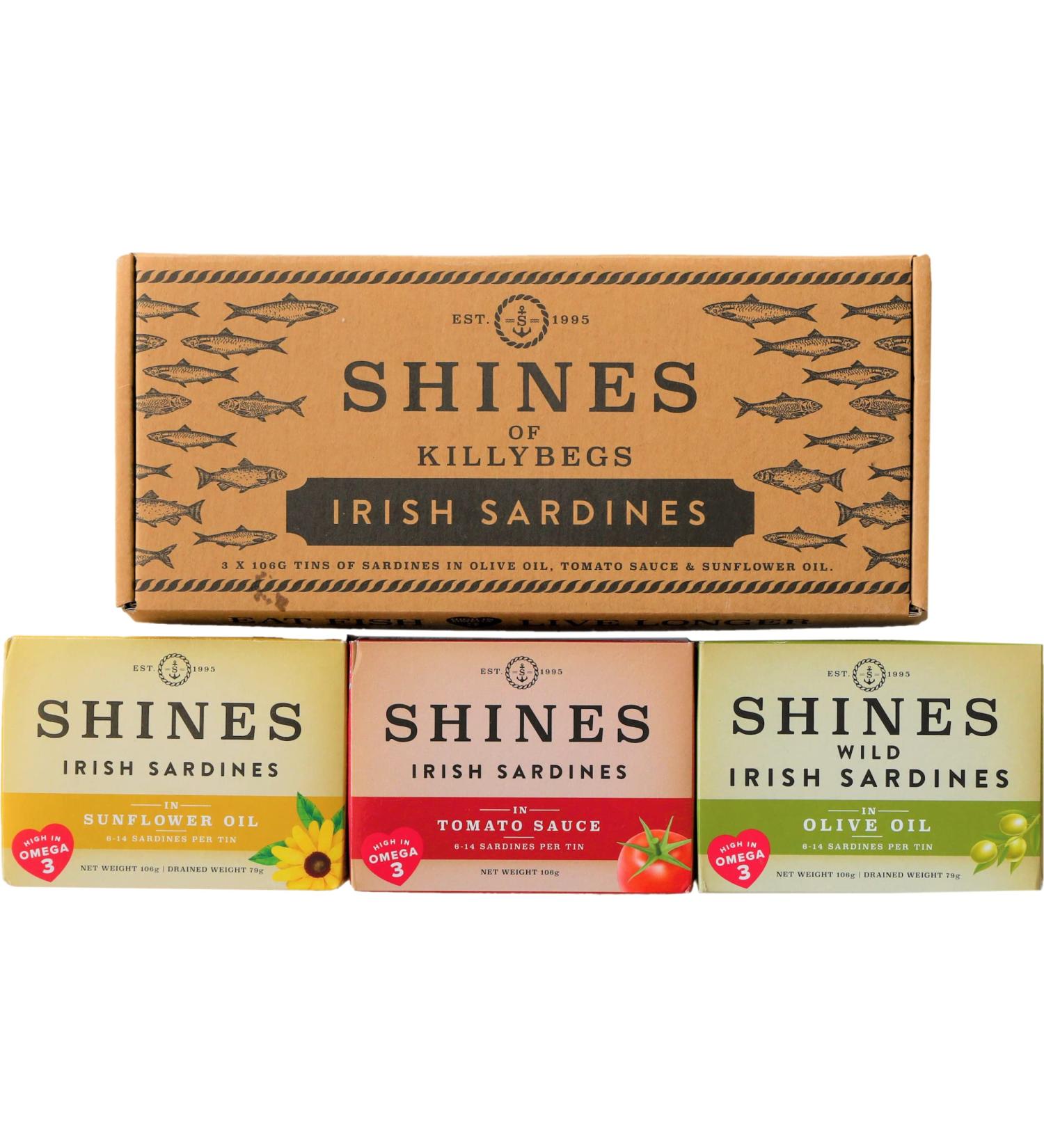 Pack of Shines Irish Tinned Sardines - 3 Flavours Tomato Sauce Olive Oil and Sunflower Oil - Pilchards - Low Carb and High Protein - Canned Fish High in Omega 3 - 3x 106g Cans - Buy Online on GoSupps.com