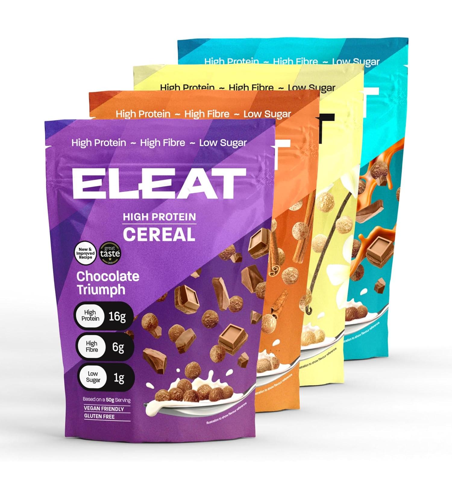 ELEAT High Protein Cereal - Low Sugar - Healthy Cereal - High in Fibre - Plant Based - Variety Pack (4 x 250g Pouches) ELEAT High Protein Cereal - Variety Pack - Buy Online on GoSupps.com