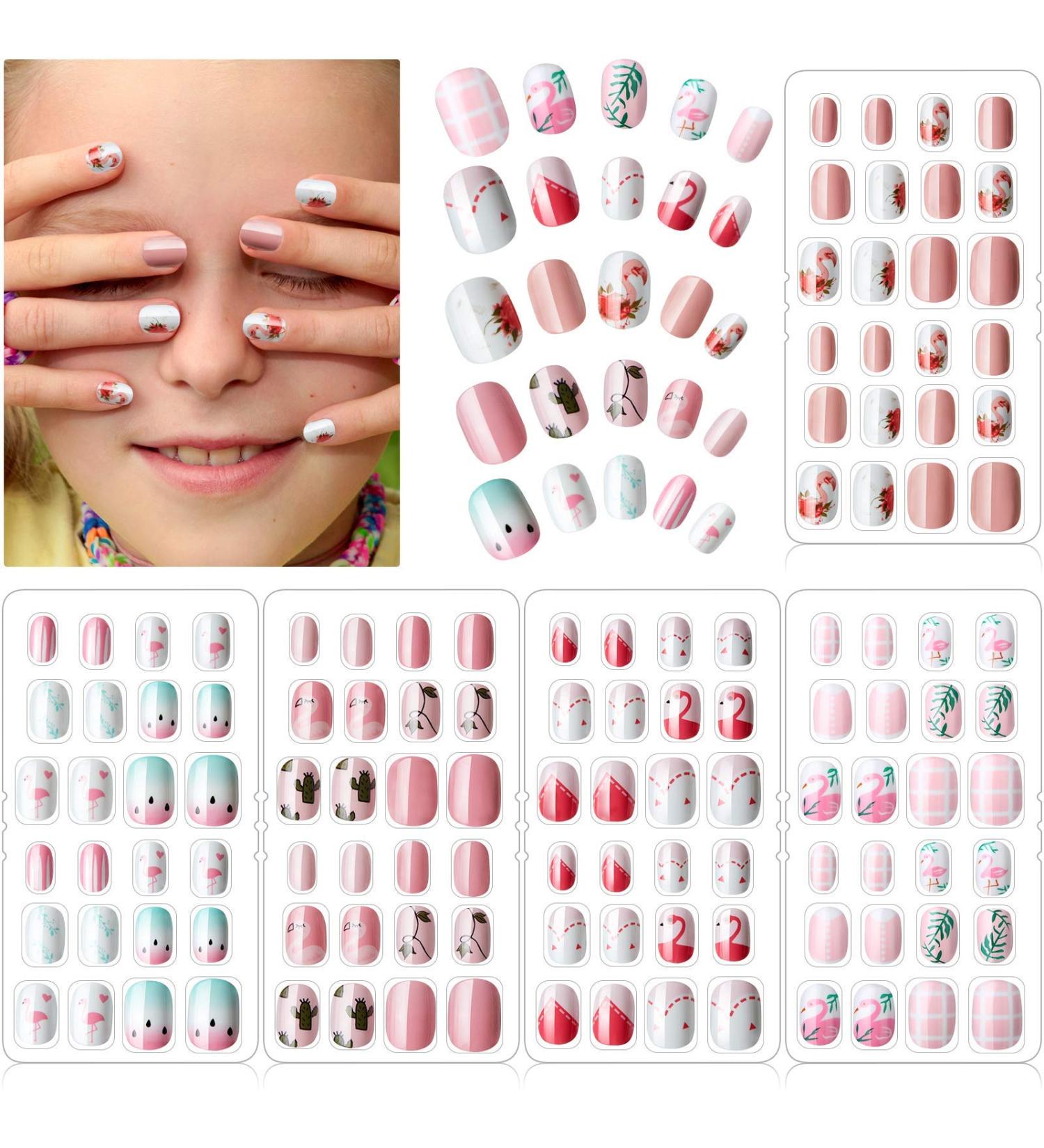 120 Pieces Girls Press-On Fake Nails | Full Cover Short Artificial Nail Tips for Kids | Flamingo Nail Art Decoration - Buy Online on GoSupps.com