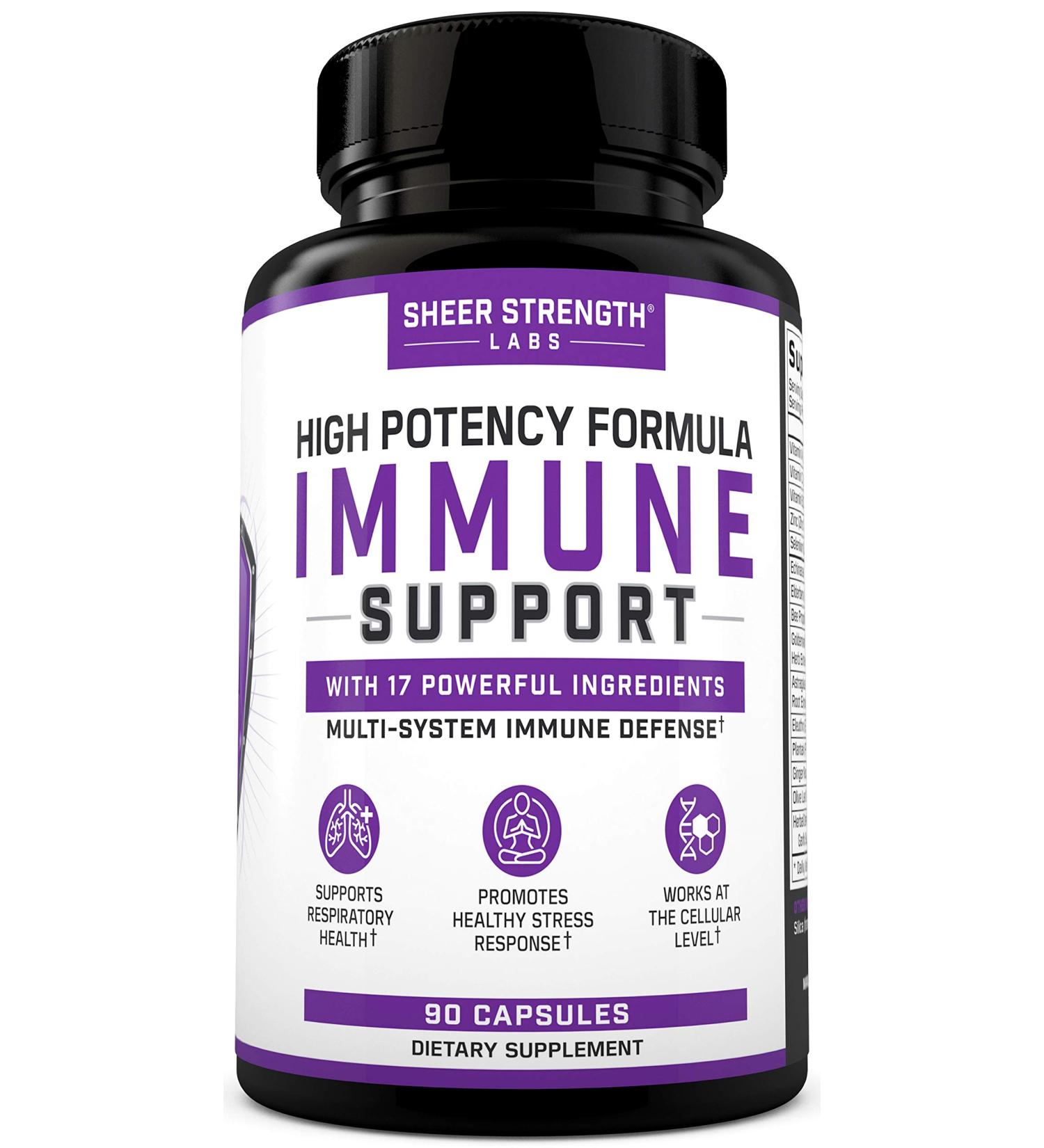 Sheer Strength 17-in-1 Daily Immune Support Supplement - 90 Capsules | Vitamin C, Elderberry, Zinc, Ginger & More | High Potency for Adults | Multivitamin for Men & Women - Buy Online on GoSupps.com